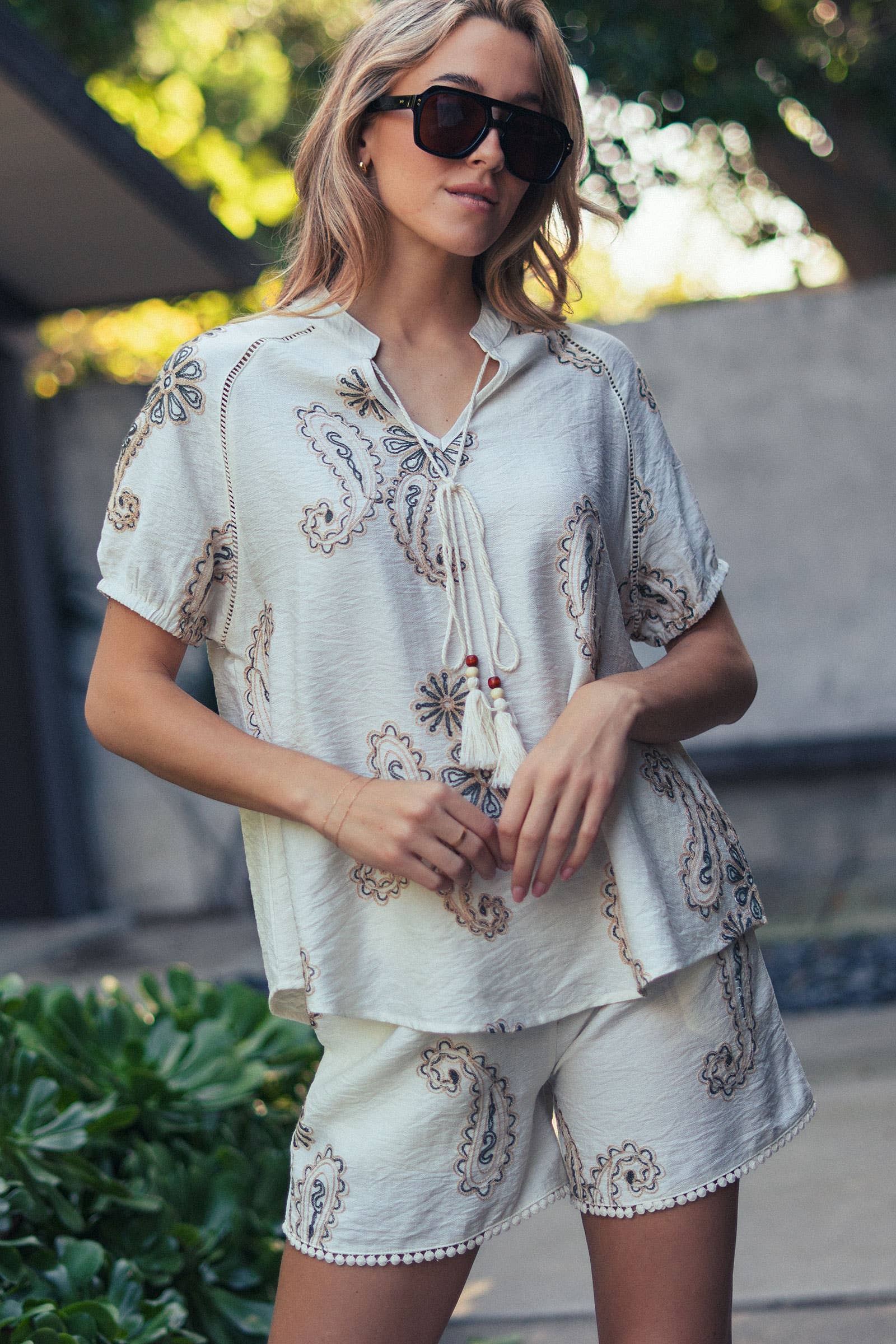 Paisley Embroidered Linen Blend Tassel Top