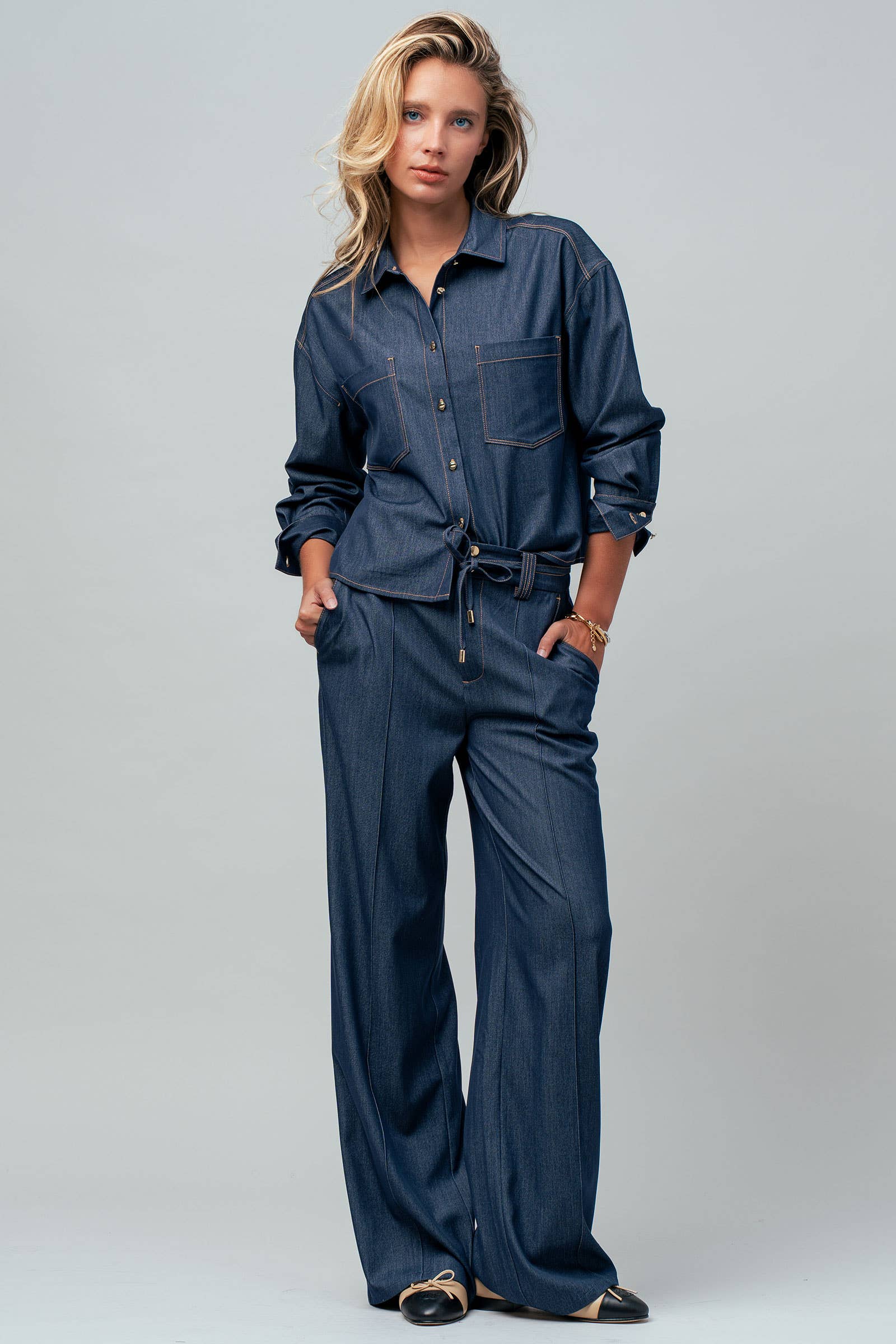 Drawstring Wide Leg Denim Pants