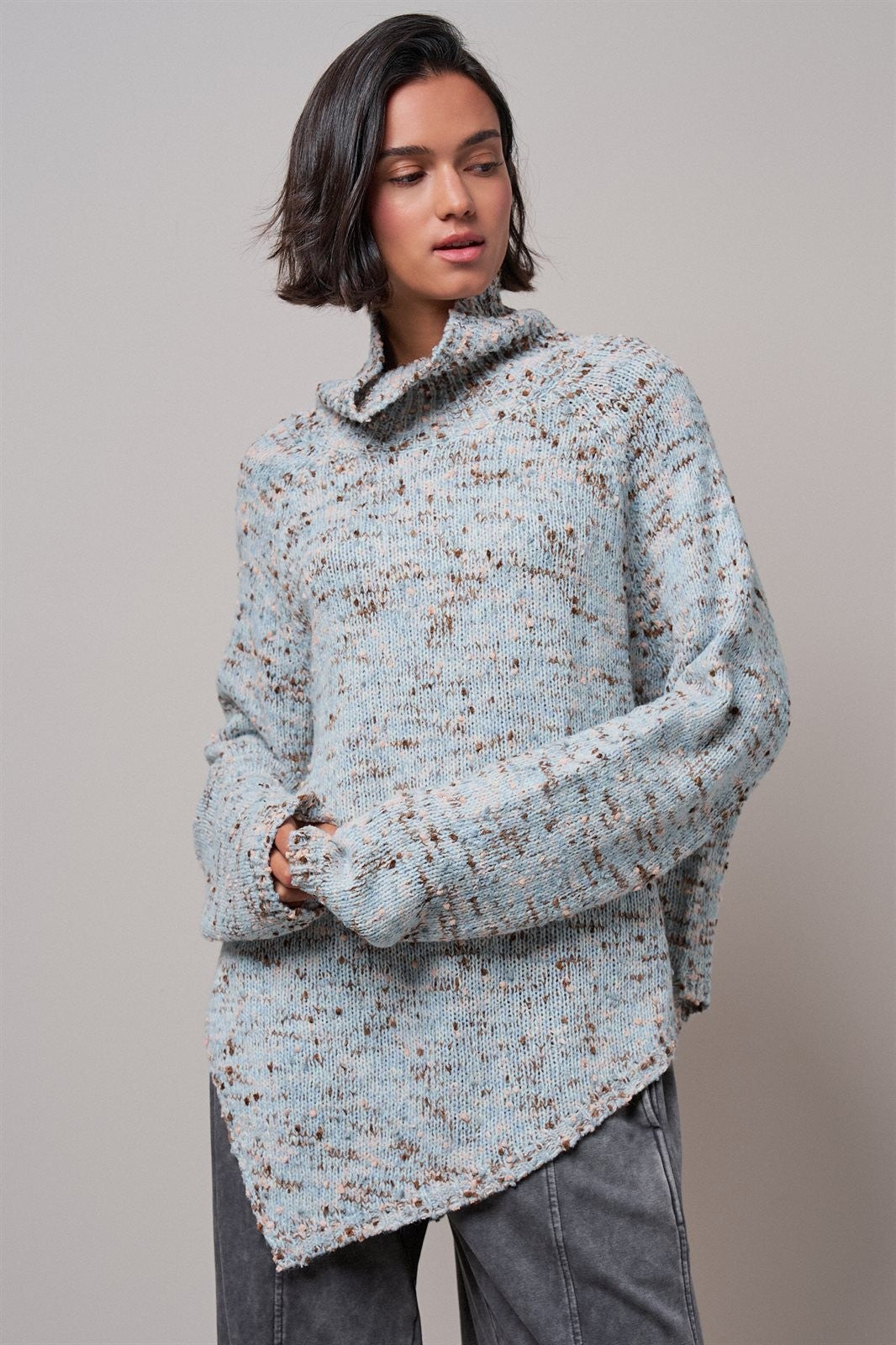Chunky Knit Mock Neck Oversized Poncho Sweater in BLUE - Women's Sweaters | Urban Daizy