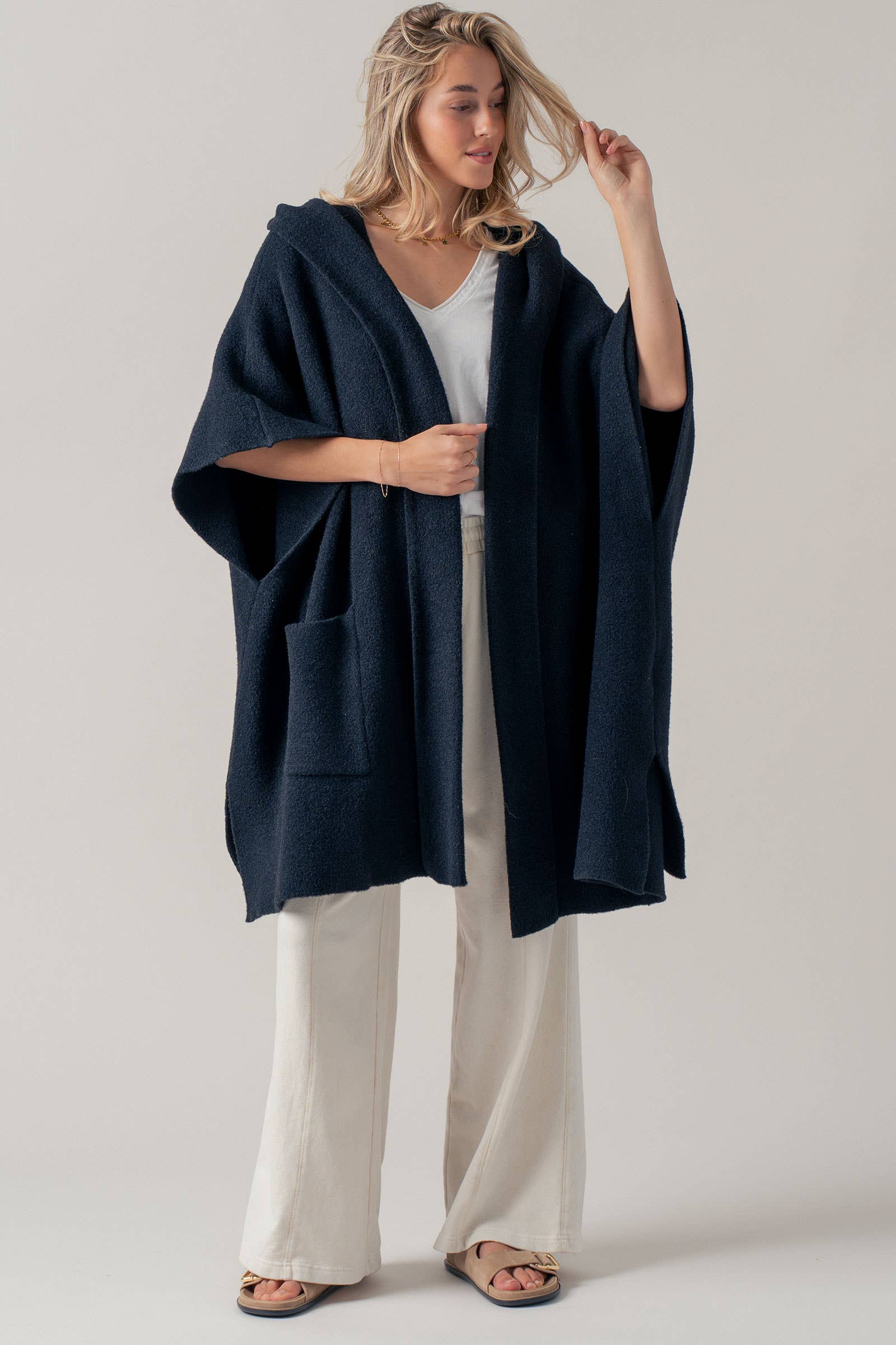 Oversized Cozy Hooded Open Front Knit Poncho