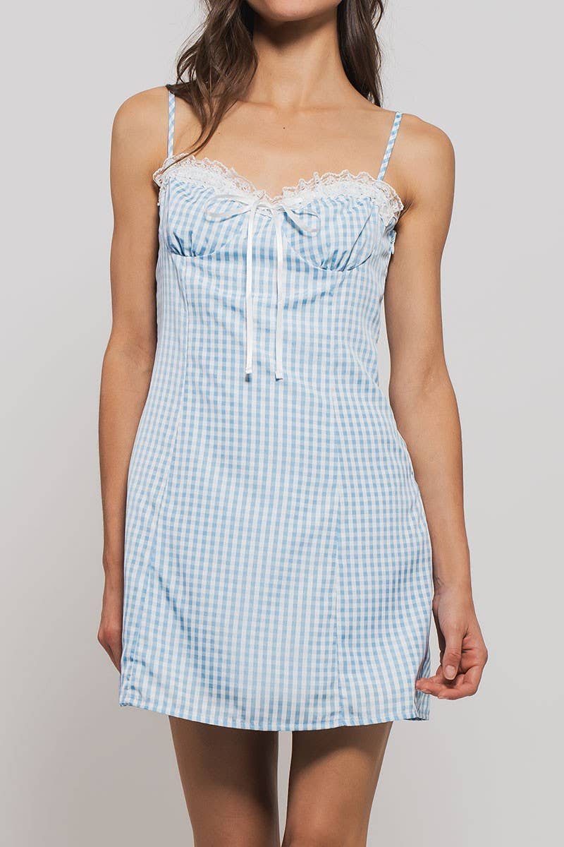 Urban Daizy Sweetheart Gingham Tie-Front Mini Dress Pink Dress - Women's (UDZ-DR-00513) – alternate view 5