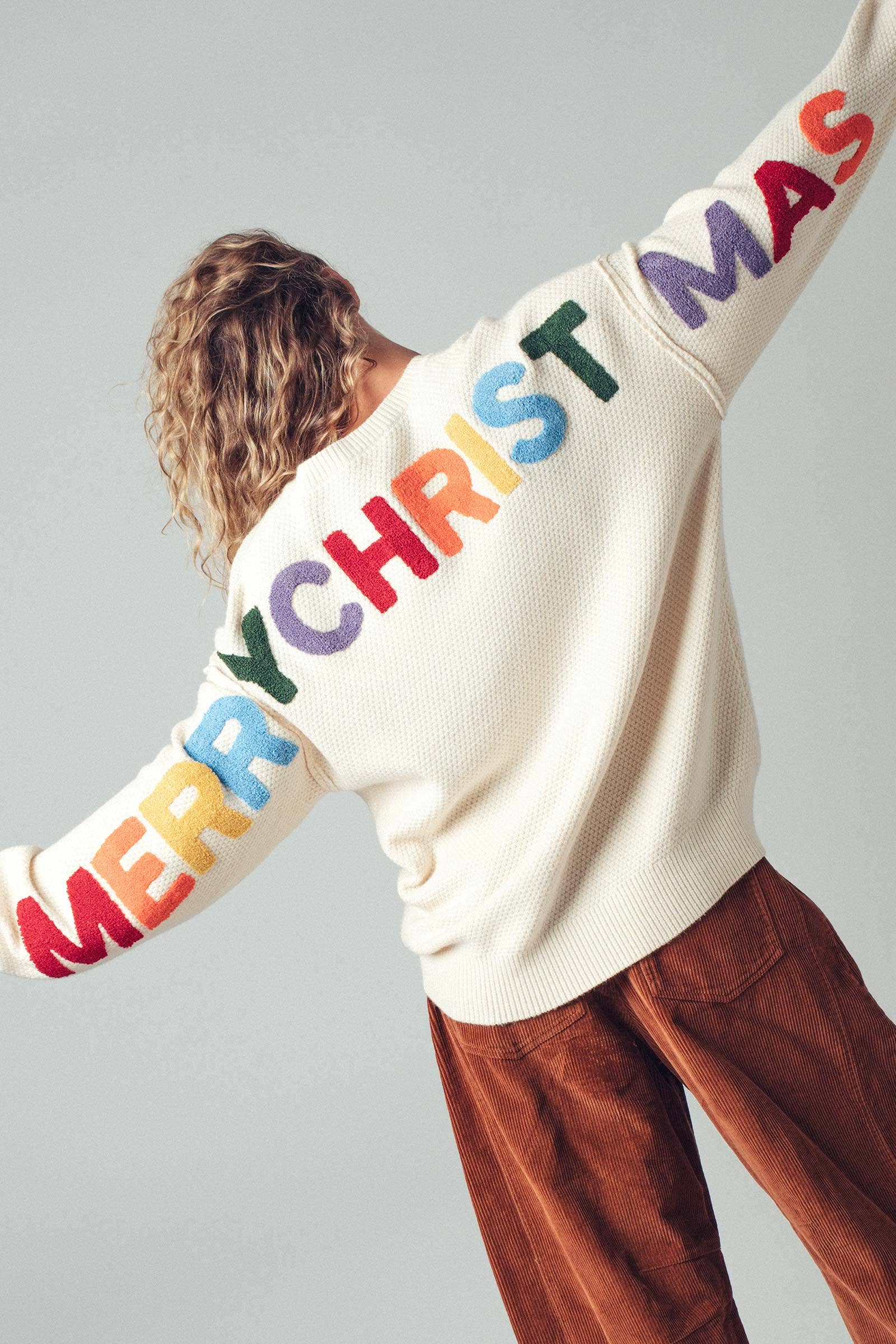 Urban Daizy Rainbow Graphic Lettering Oversized Knit Sweater Cream Knit Sweater - Women's (UDZ-TP-00814) – alternate view 3