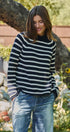 Striped Mock Neck Sweater with Rolled Neckline in IVORY NAVY - Women's Sweaters | Urban Daizy