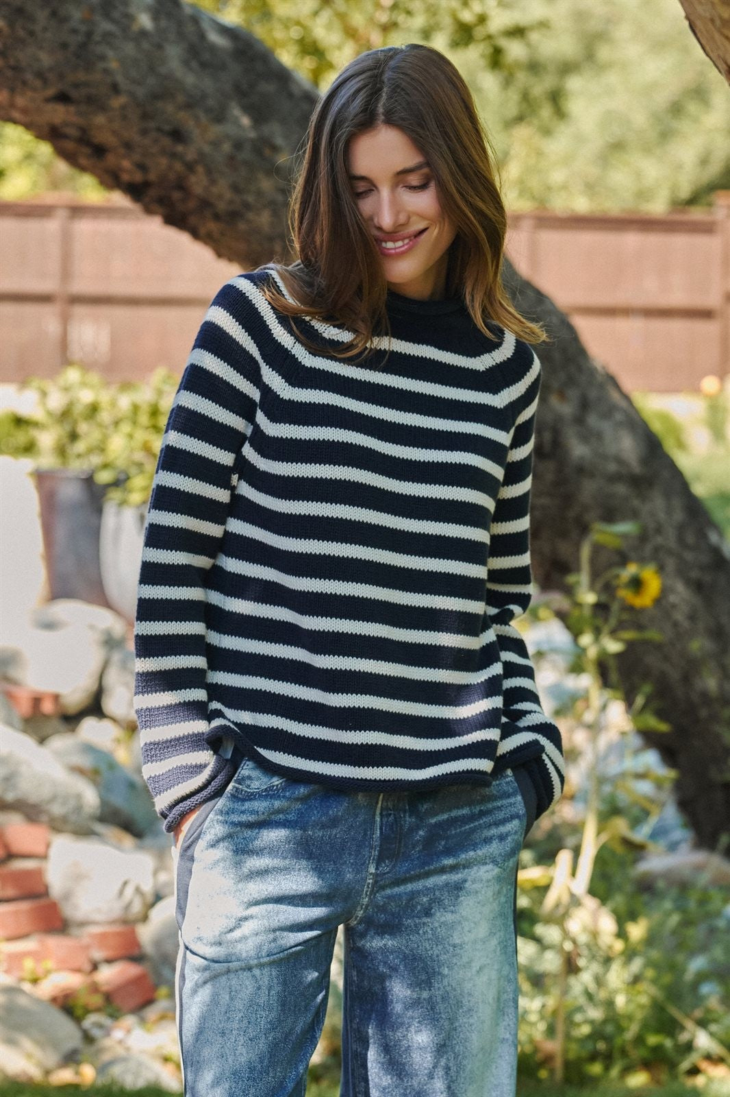 Striped Mock Neck Sweater with Rolled Neckline in IVORY NAVY - Women's Sweaters | Urban Daizy