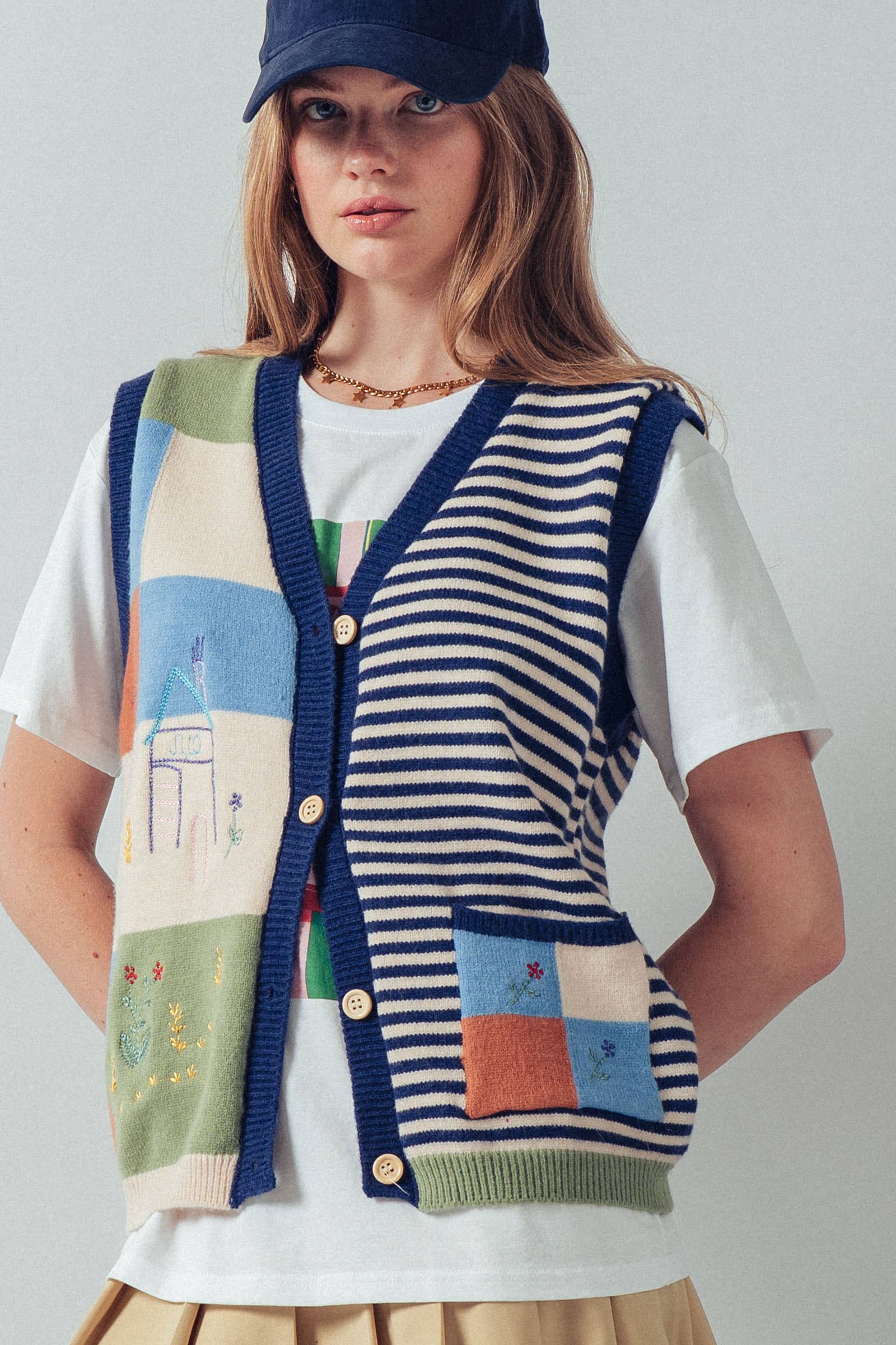 Embroidered Patchwork Striped Knit Vest