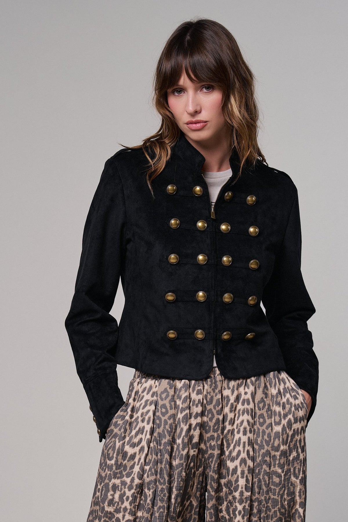 Military Band Suede Jacket with Brass Buttons in BLACK - Women's Jackets & Blazers | Urban Daizy