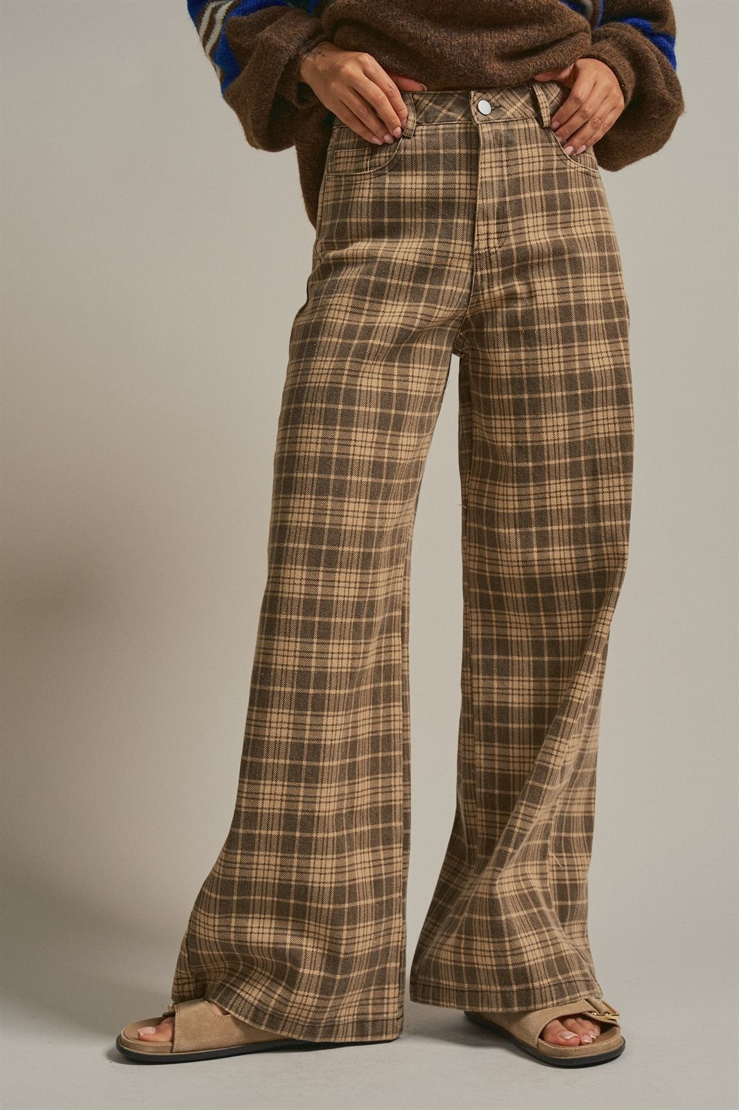 Checker Plaid Wide Leg Pants Y2K Vintage Western for Women in BROWN - Women's Casual Pants | Urban Daizy