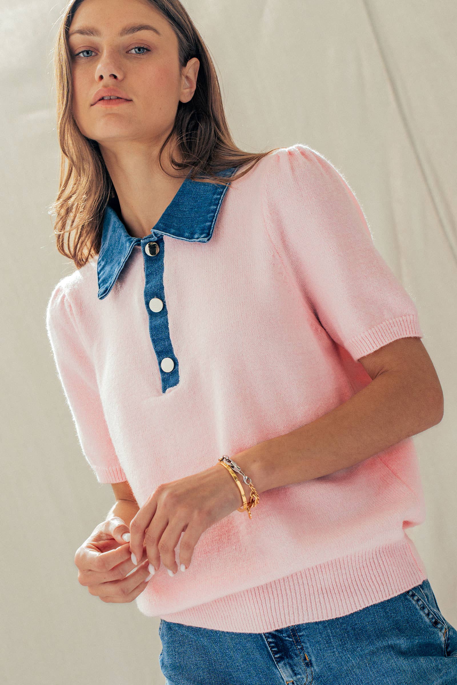 Contrast Denim Collar Knit Sweater Top