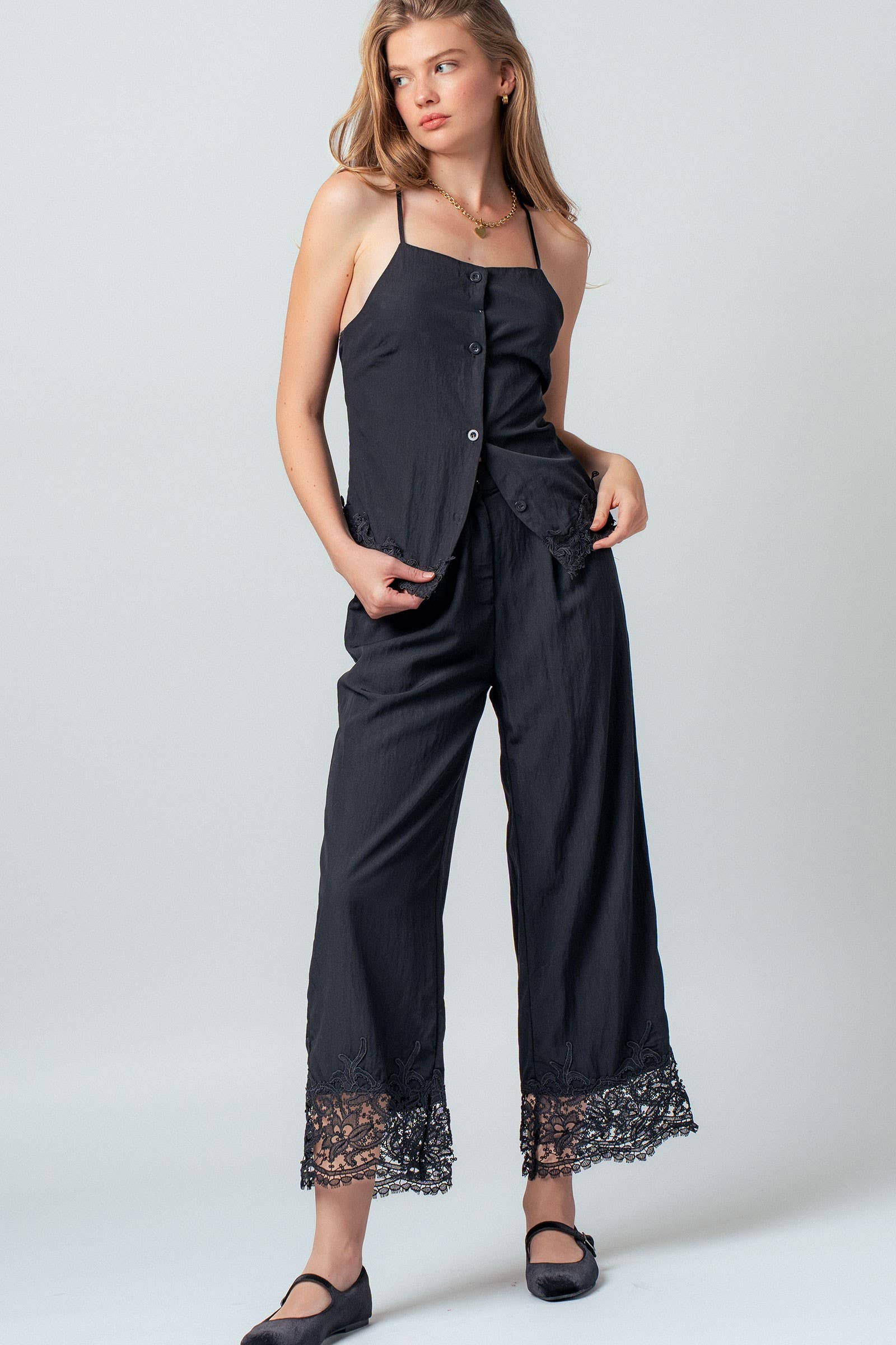 Crinkle Rayon Lace Trim Jumpsuit