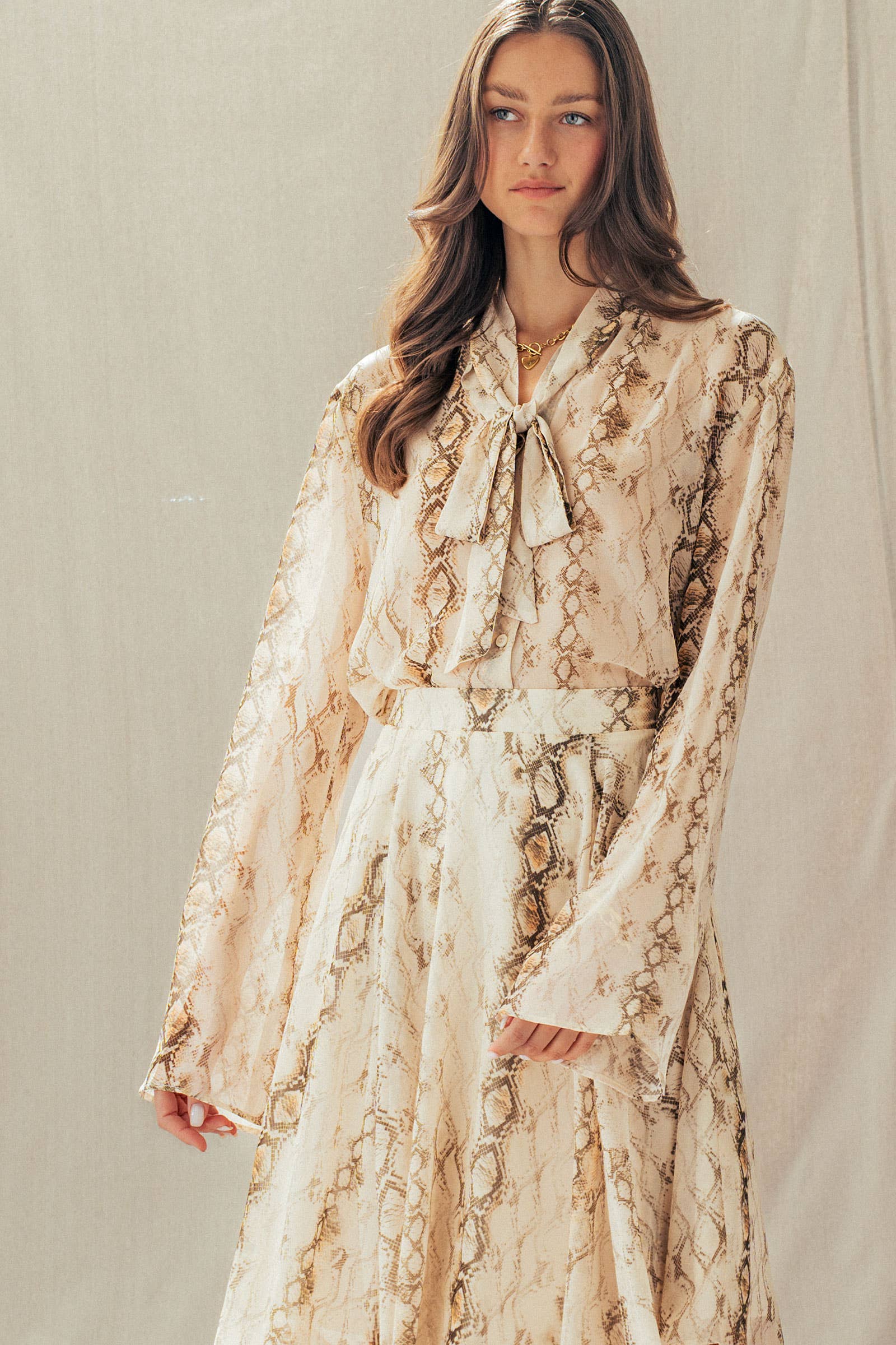 Urban Daizy Snake Print Tie Neck Blouse Long Sleeve Cream-Multi Blouse - Women's (UDZ-TP-01051) – alternate view 7