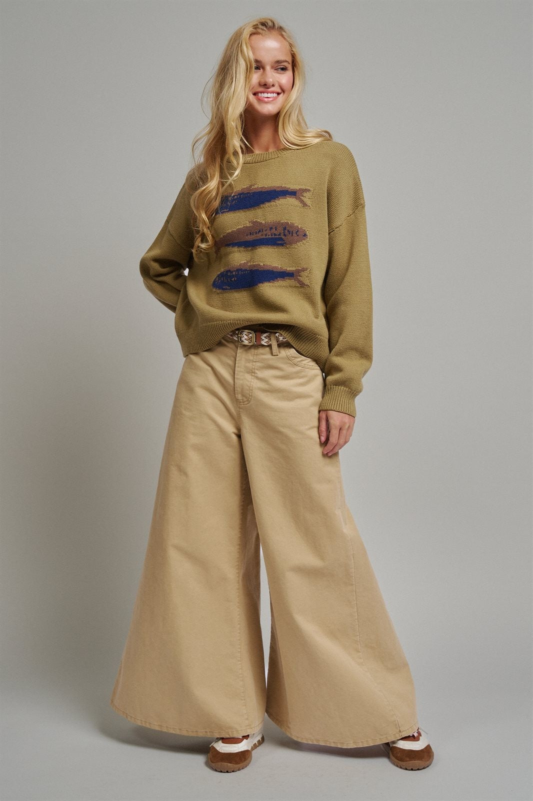 Washed Cotton Wide Leg Palazzo Pants with Woven Belt in KHAKI - Women's Casual Pants | Urban Daizy