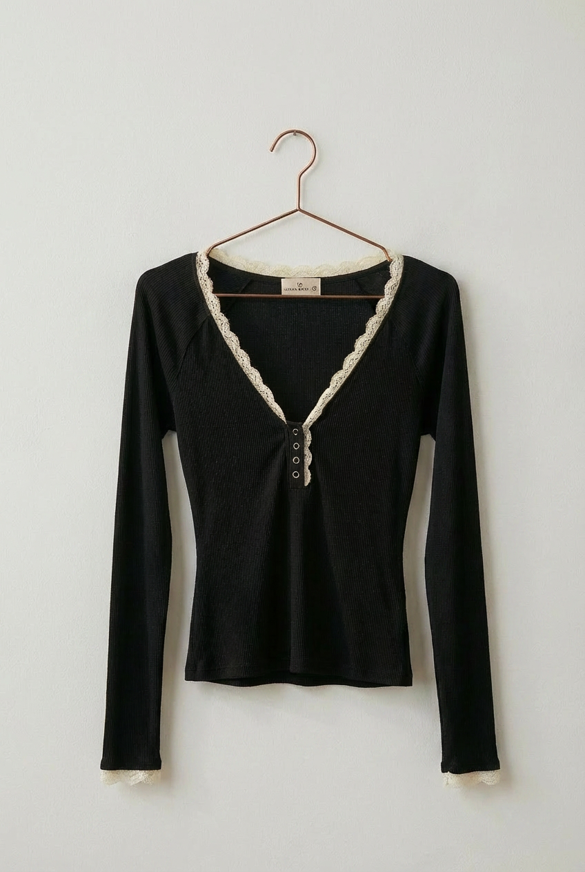 Lace Trim Slub Knit Henley Long Sleeve Top