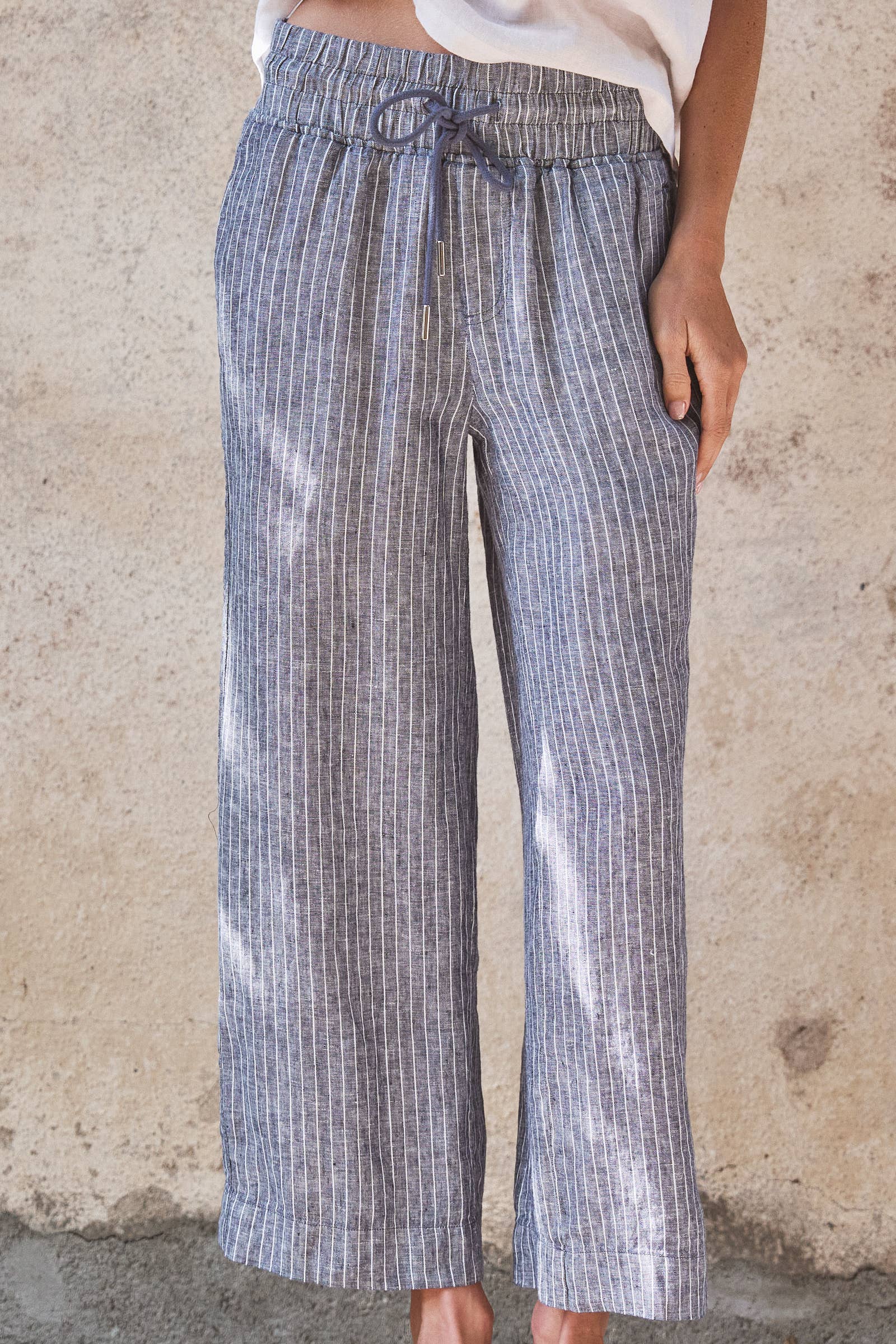 Urban Daizy Linen Wide-Leg Drawstring Pants Navy-Stripe Pants - Women's (UDPT0177-Navy-Stripe)