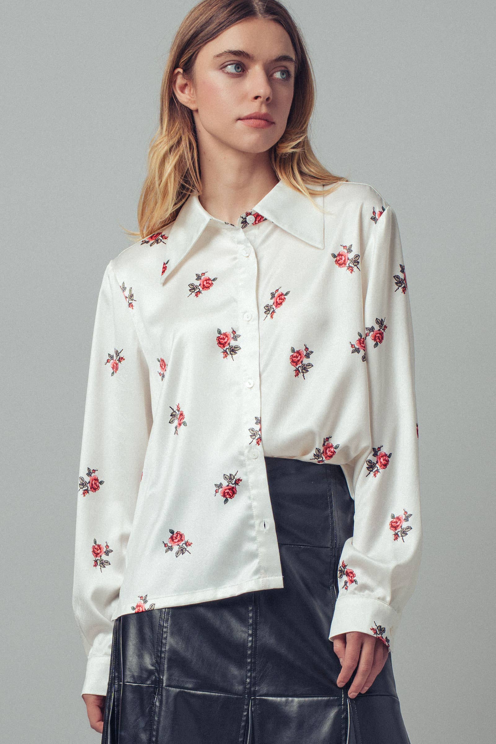 Rose Print Satin Button-Up Blouse