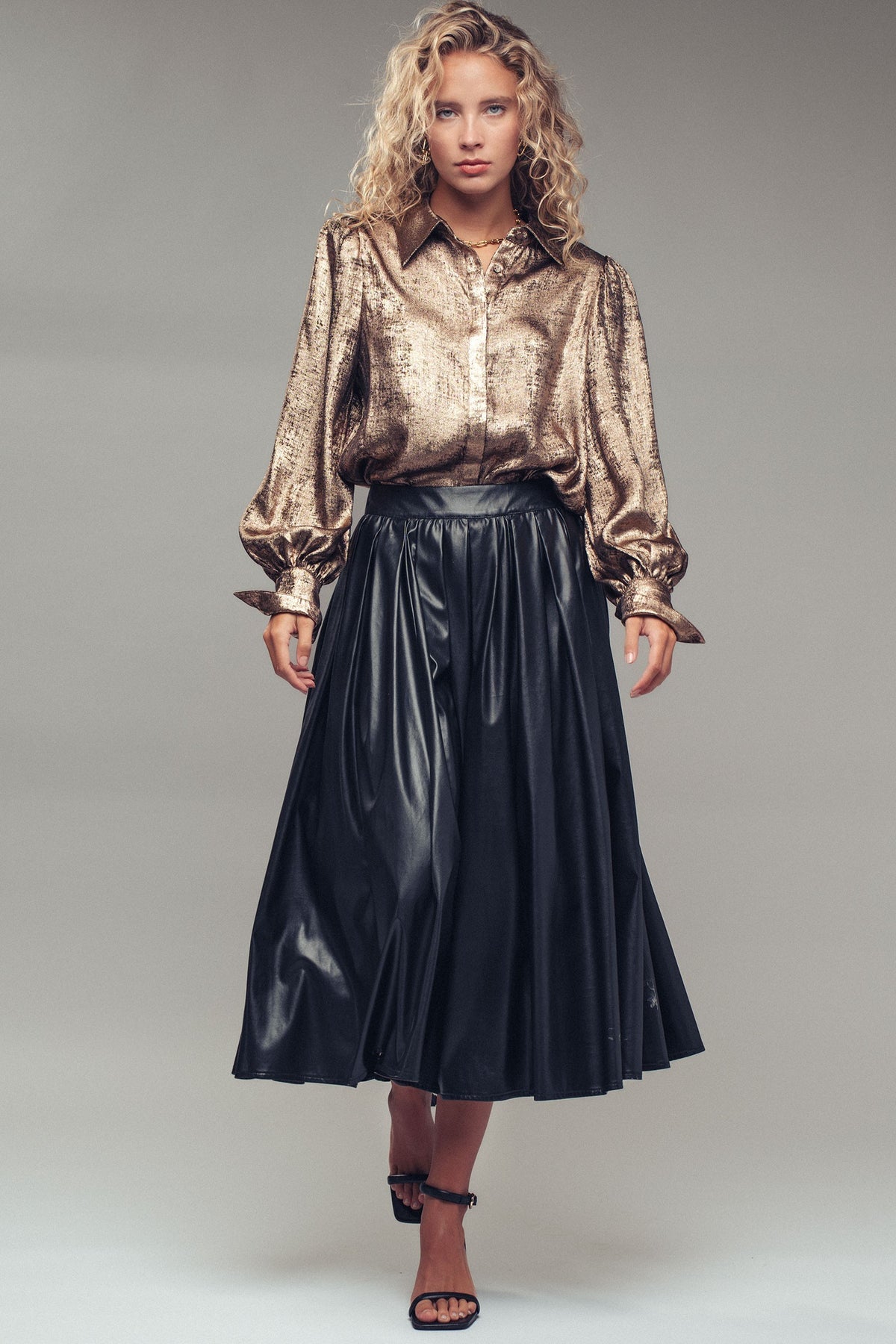 Metallic Shimmer Button Down Blouse with Puff Sleeves in GOLD - Women's Shirts & Blouses | Urban Daizy