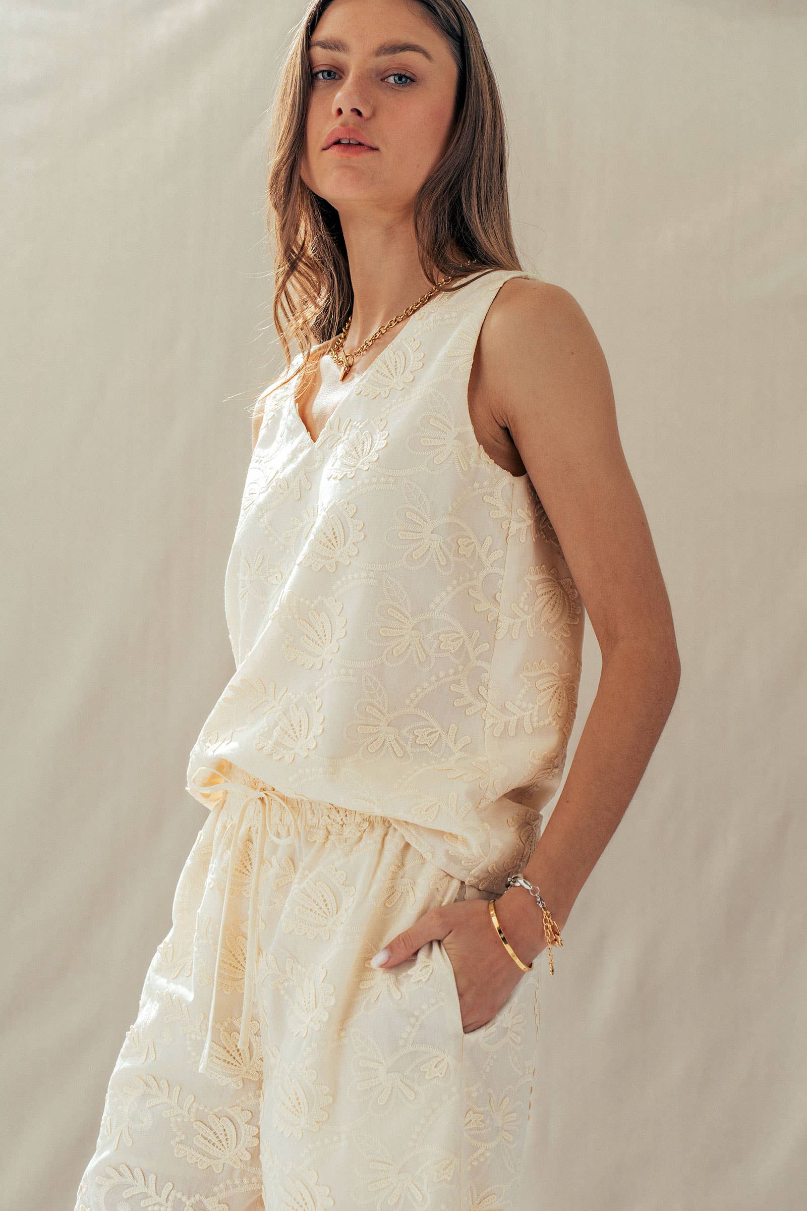 Floral Embroidered Cotton Top And Pant Set