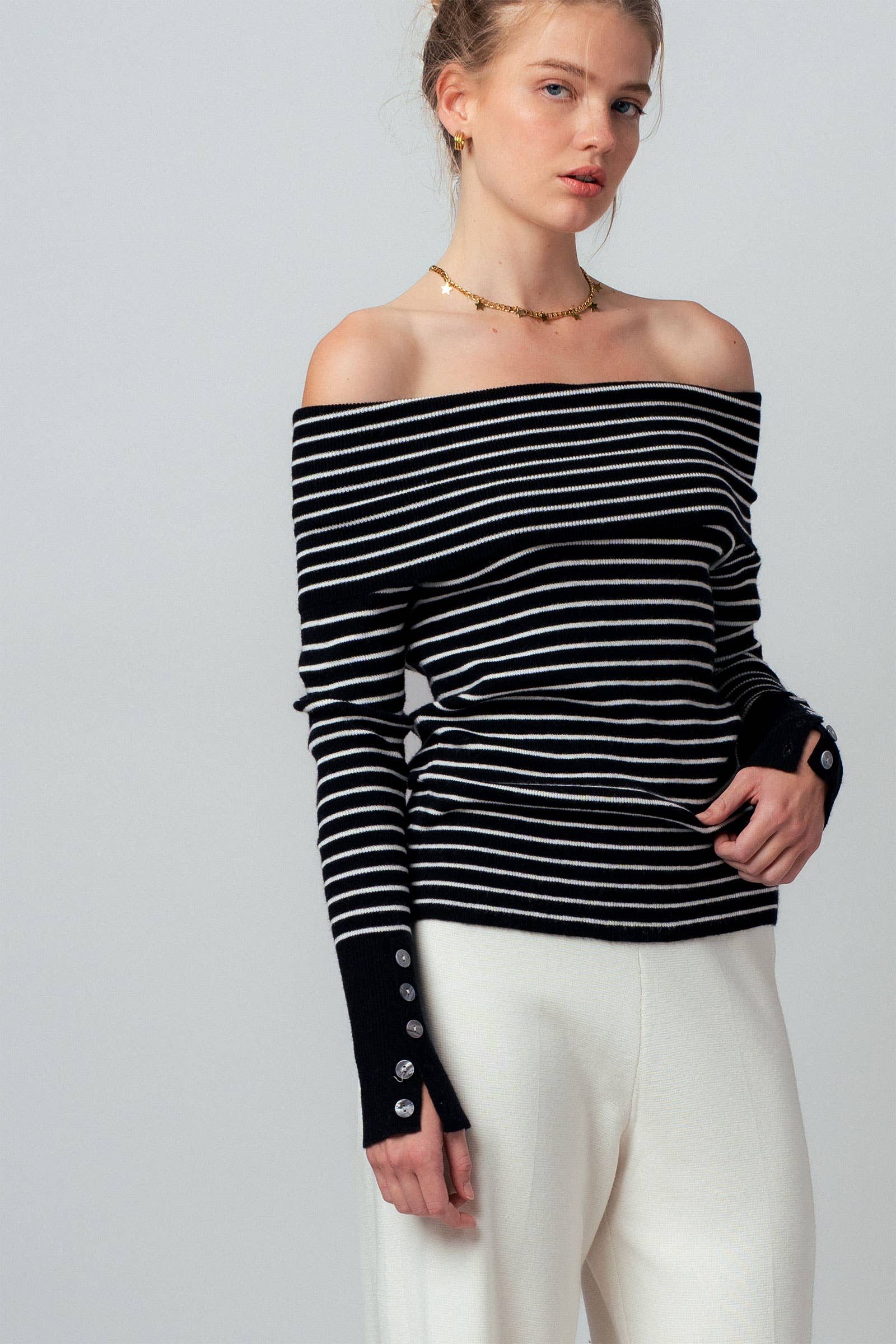 Off-Shoulder Striped Knit Top