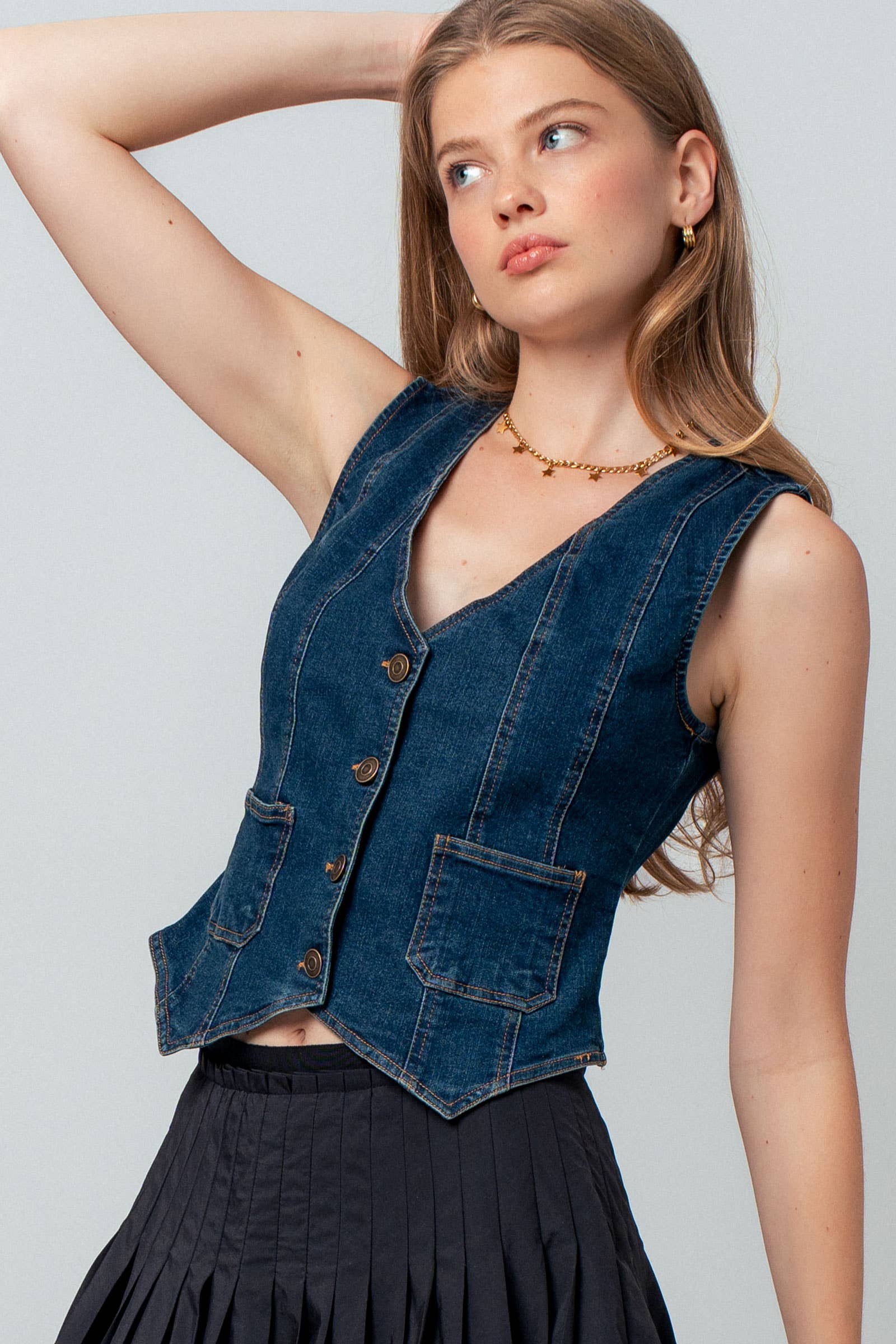 Fitted V-Neck Button-Front Denim Vest