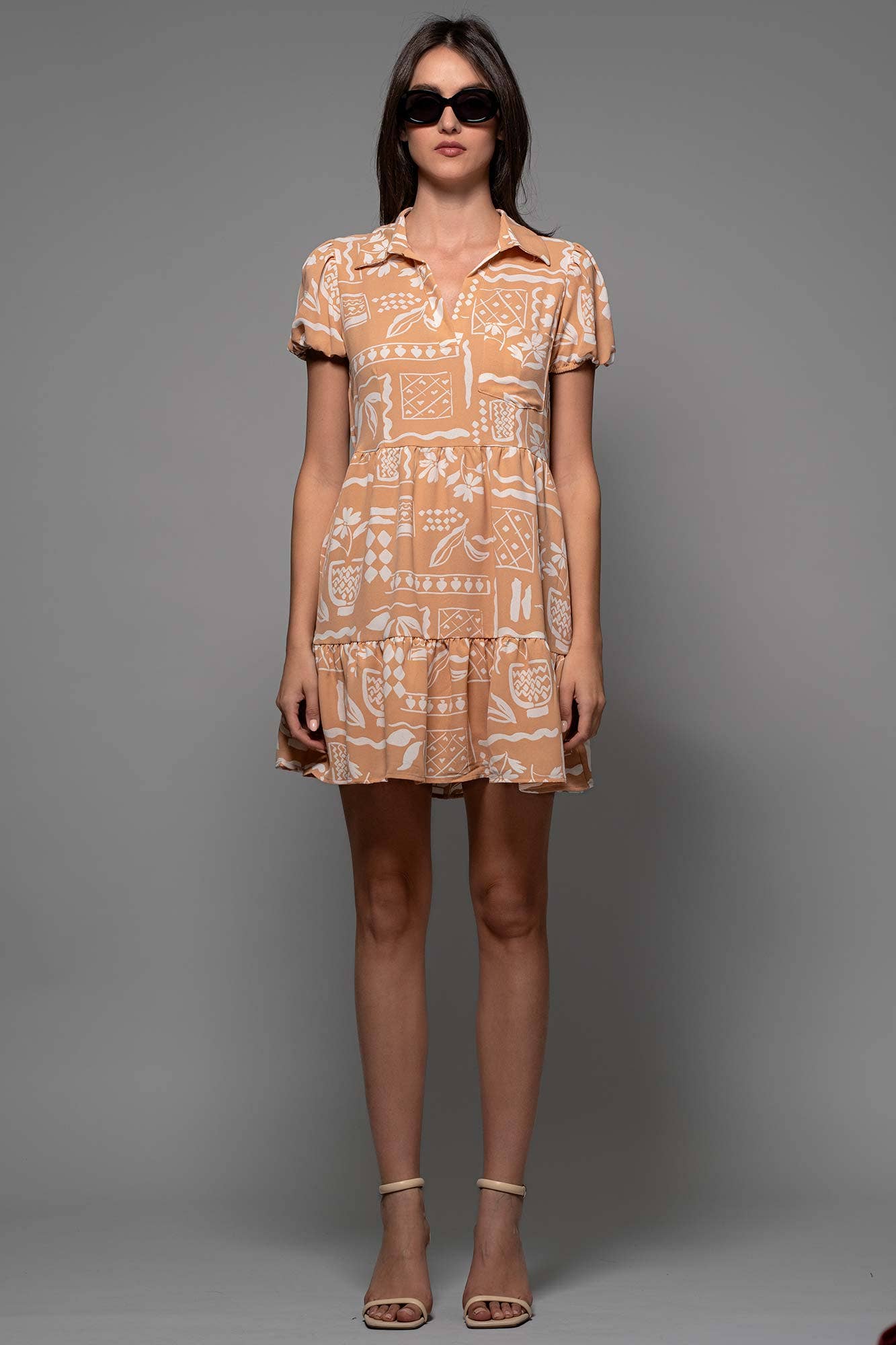 Urban Daizy Tropical Print Collared Tiered Mini Dress Apricot Dress - Women's (UDZ-AC-00159) – alternate view 2