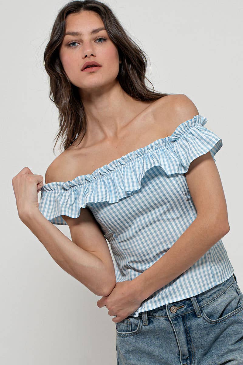 Urban Daizy Gingham Ruffle Off-Shoulder Crop Top Pink Blouse - Women's (UDZ-TP-01034) – alternate view 19