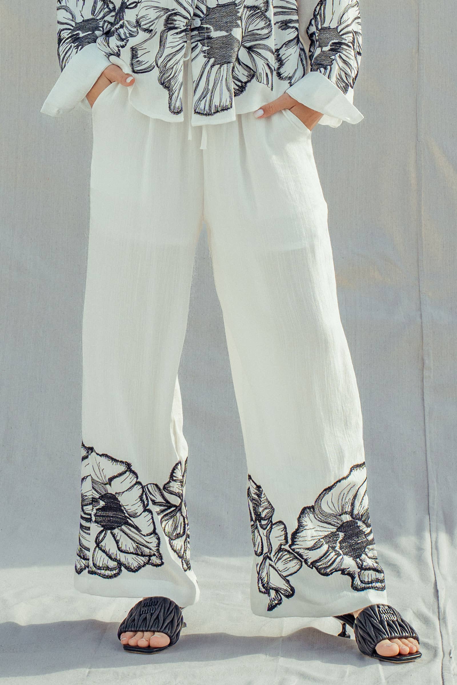 Floral Embroidered Wide Leg Drawstring Pants