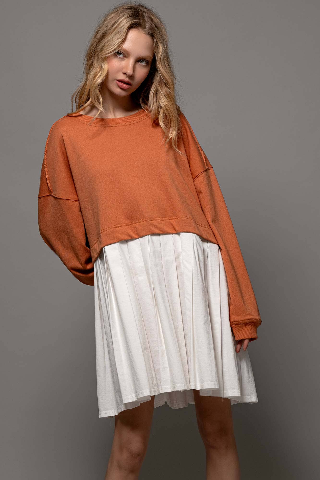 Urban Daizy Pleated Skirt Layered Statement Sweater Dress Rust Dress - Women's (UDZ-DR-00306) – alternate view 18