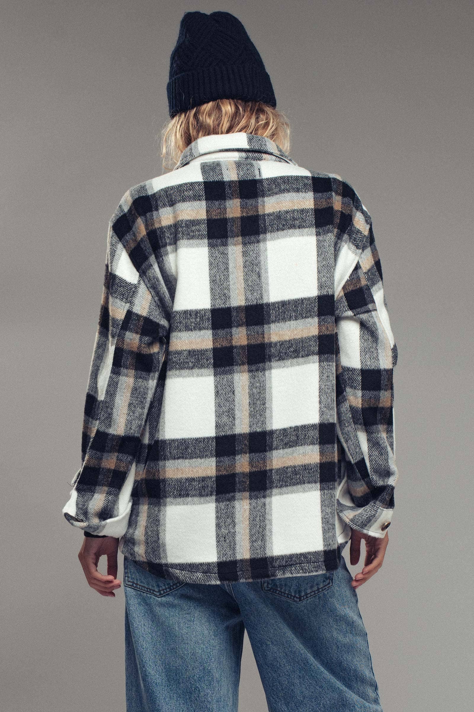 Urban Daizy Plaid Button-Down Jacket Black Shirt Jacket Shacket - Women's (UDZ-OT-00051) – alternate view 6