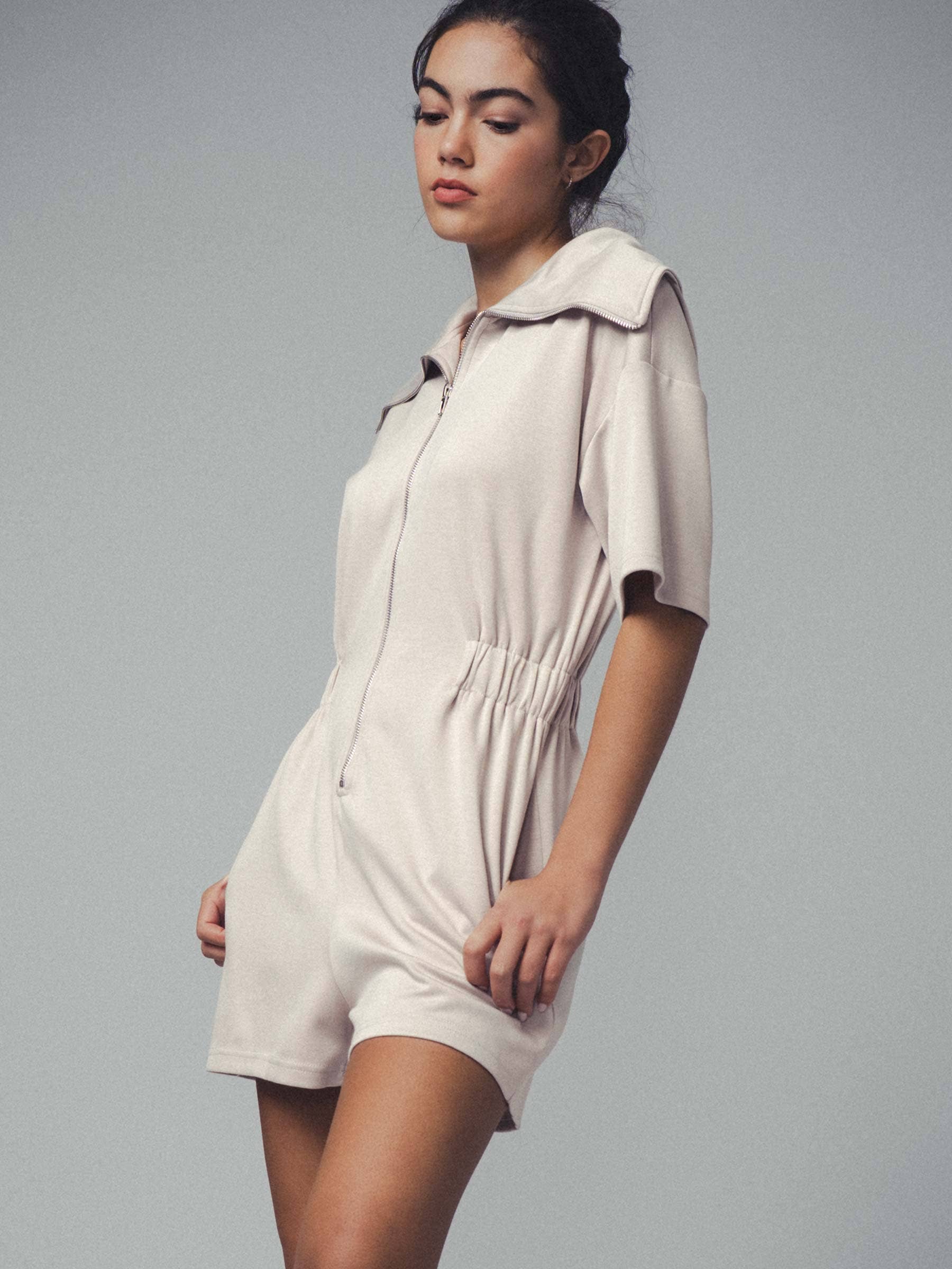 Knit Zipped Romper with Cinched Waist