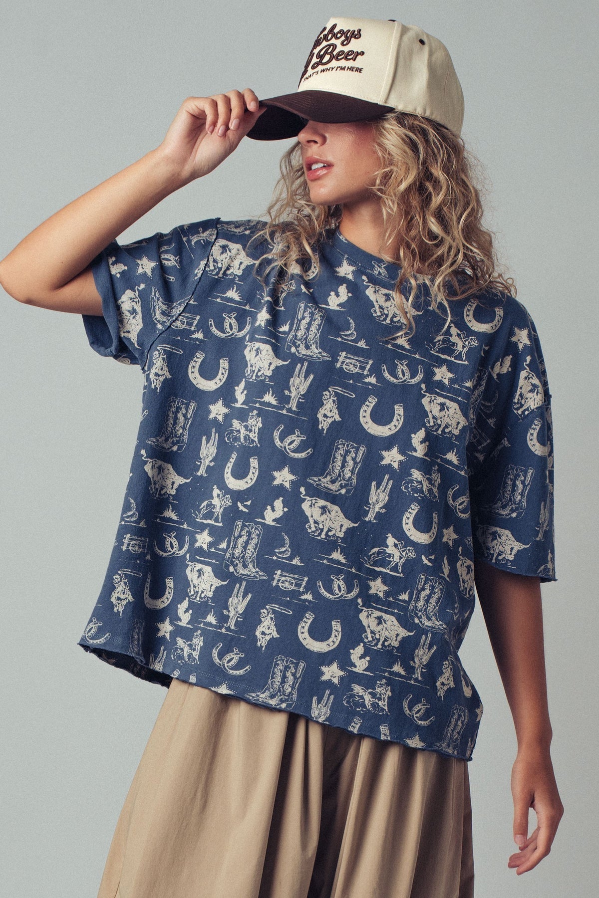 Rodeo Charm Print Oversized Tee in BLUE - Women's Graphic T-shirts | Urban Daizy