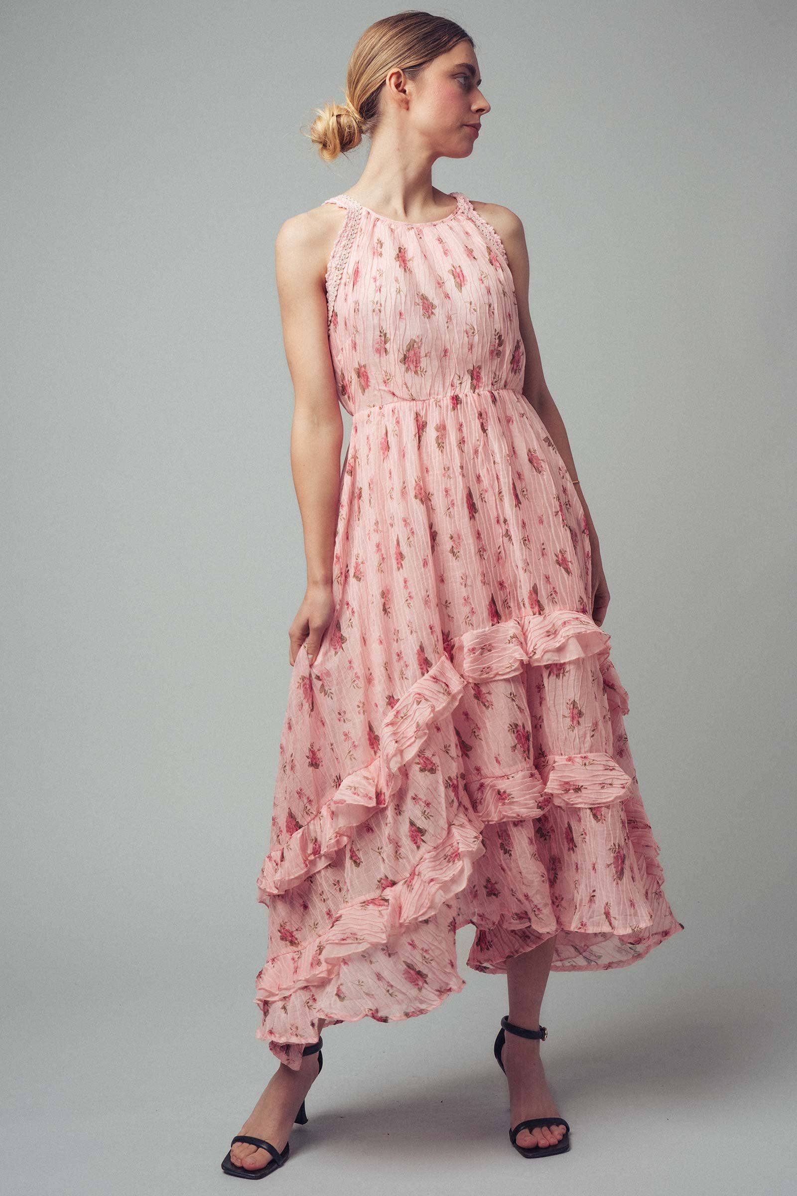 Floral Print Tiered Ruffle Crinkle Chiffon Dress