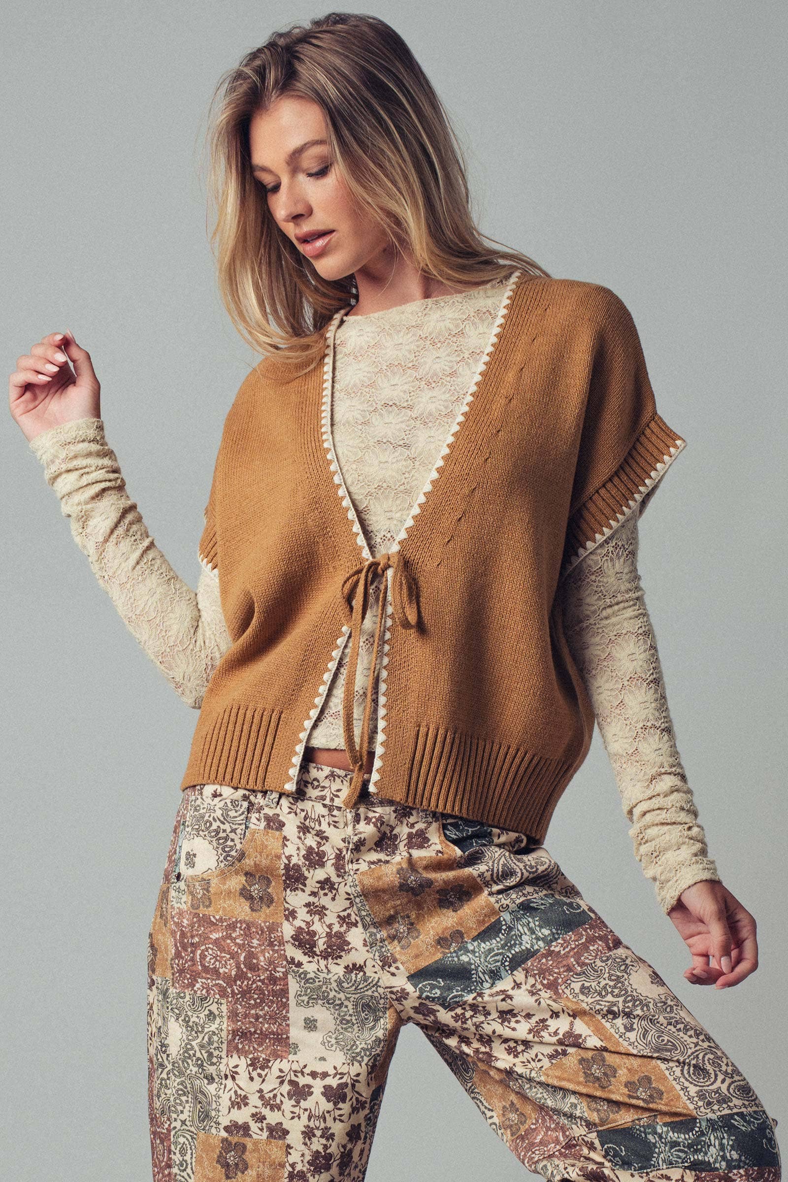 Crochet Trim Tie Front Knit Vest