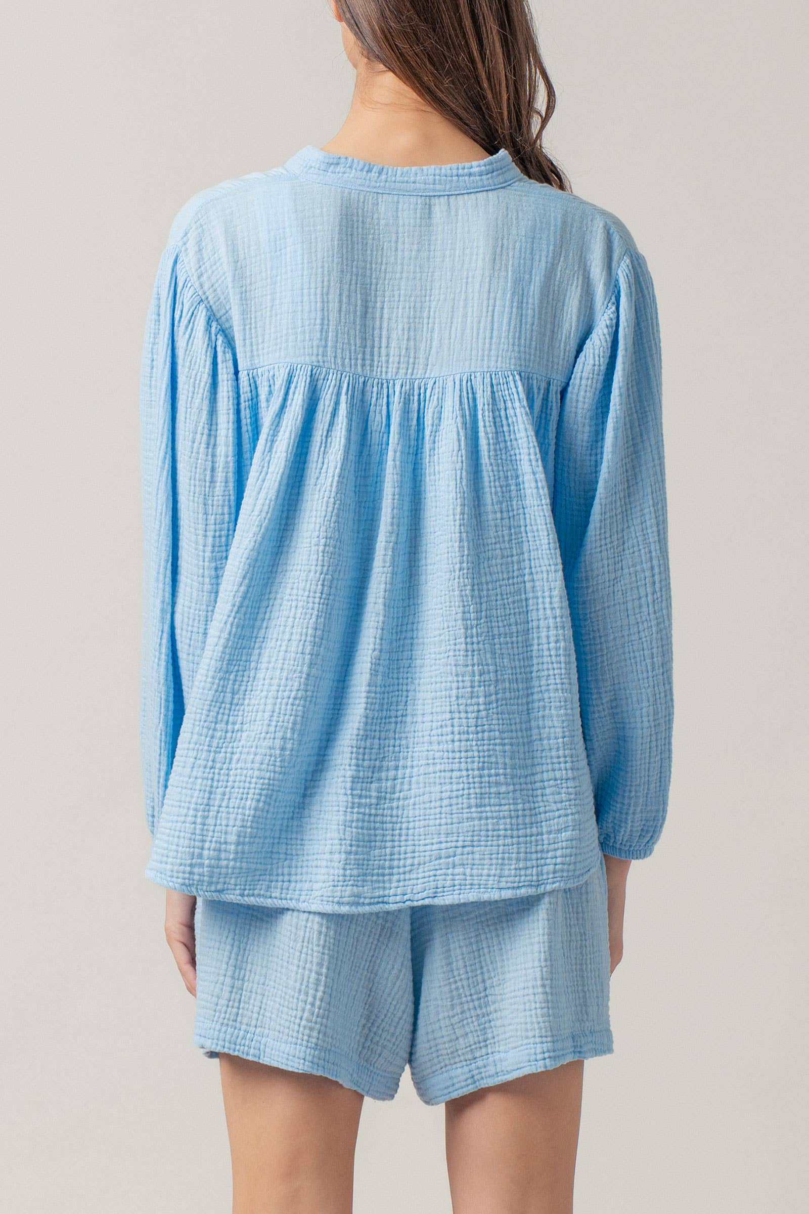 Garment Dyed Cotton Gauze Button Down Top And Shorts Set