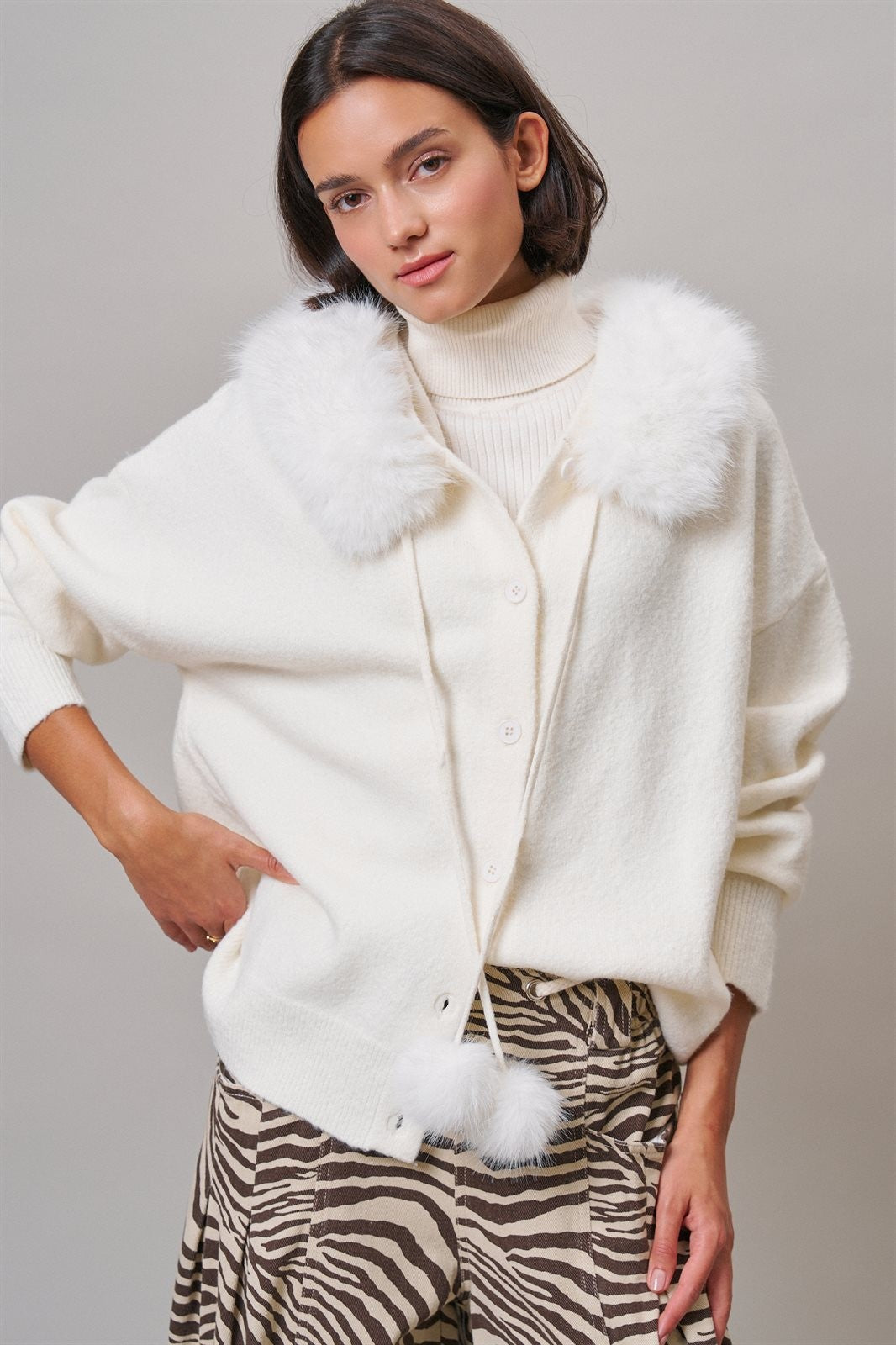 Faux Fur Hood Pom Pom Cardigan Wool Blend in Baby Blue in IVORY - Women's Cardigans & Shrugs | Urban Daizy