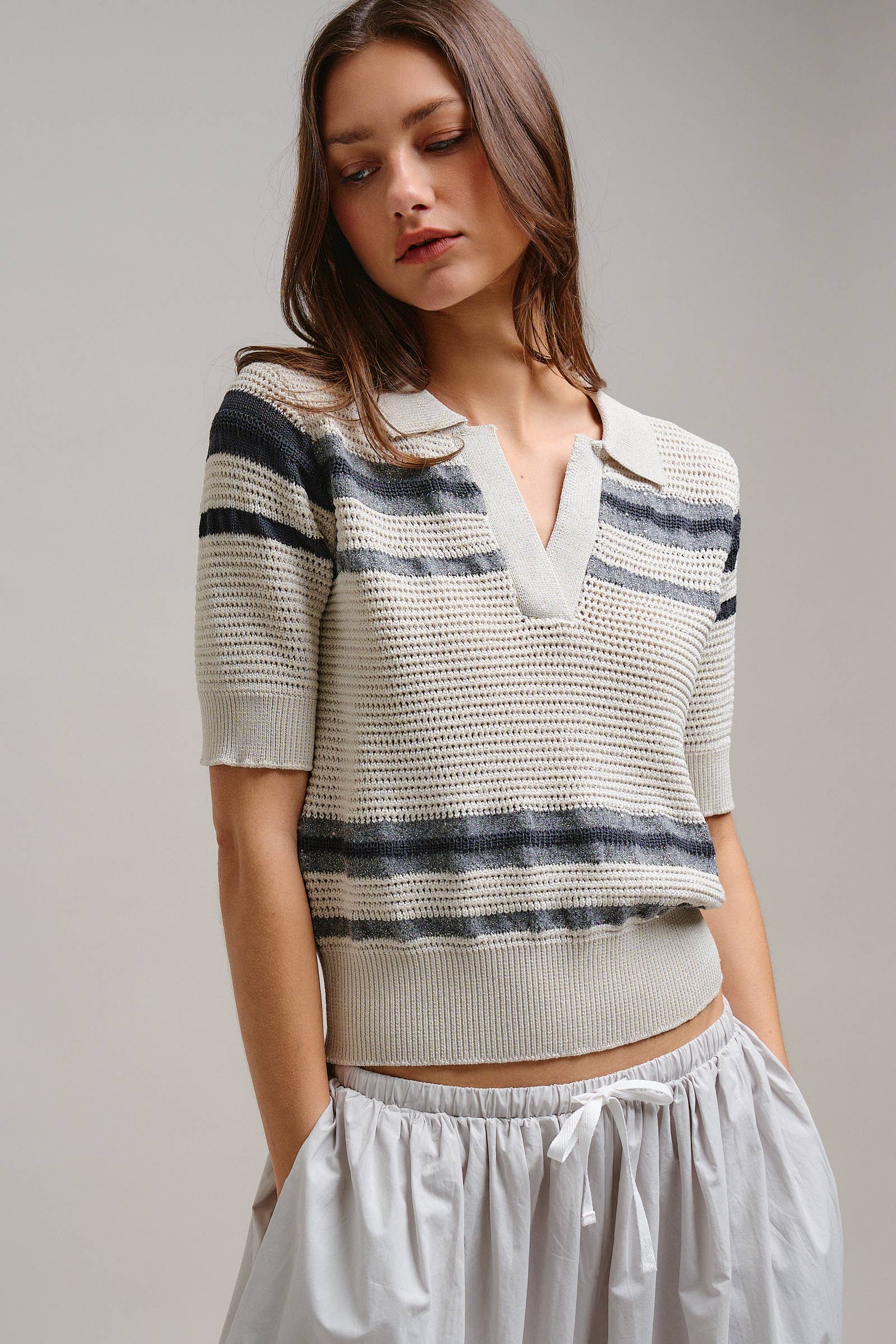 Retro Striped Open Knit V-Neck Polo
