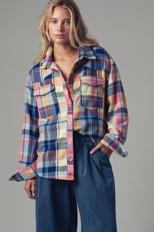 Oversized Plaid Button-Up Flannel Shirt w Pockets in BLUE MULTI - Women's Shirts & Blouses | Urban Daizy