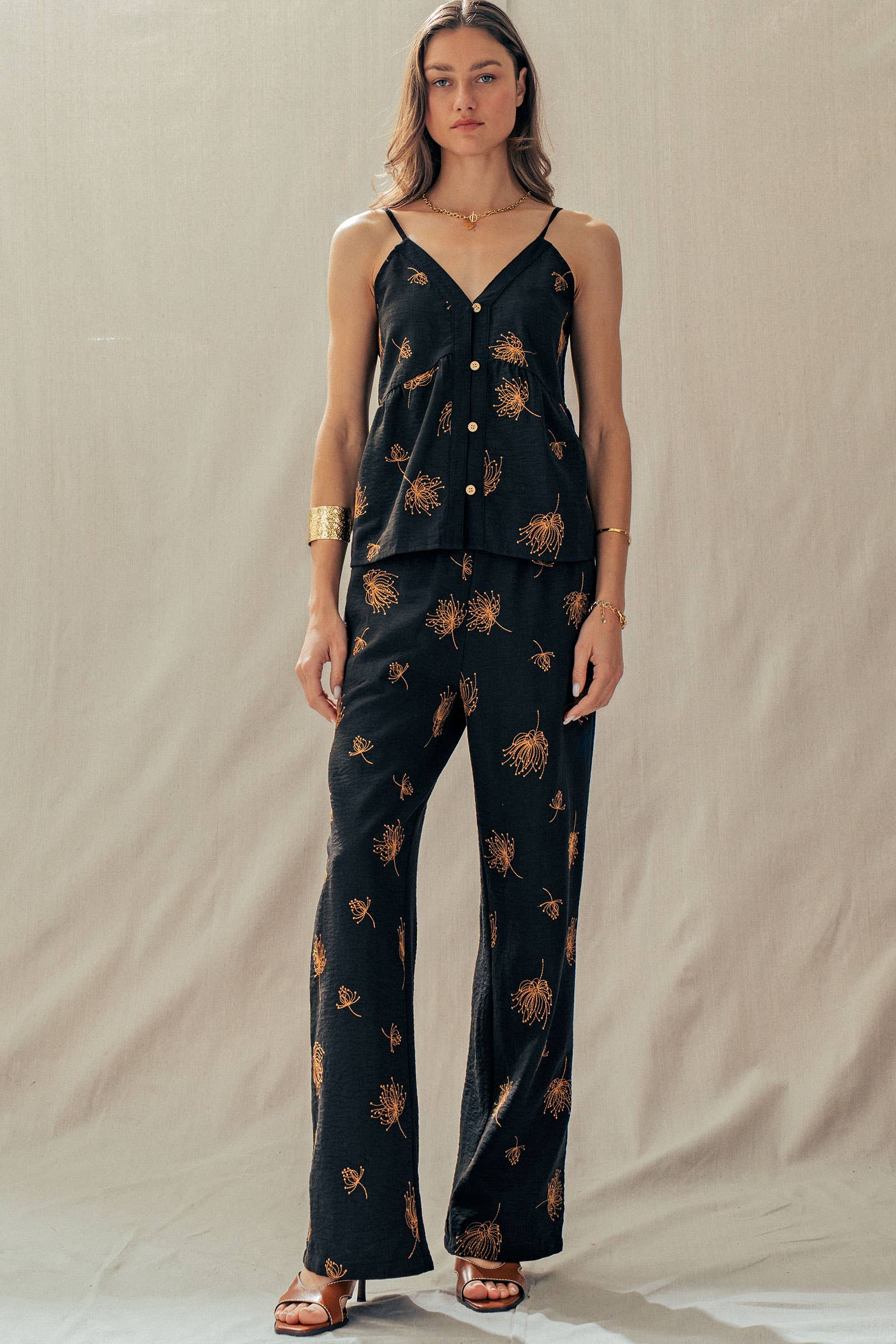 Floral Button-Front Linen Blend Cami Top