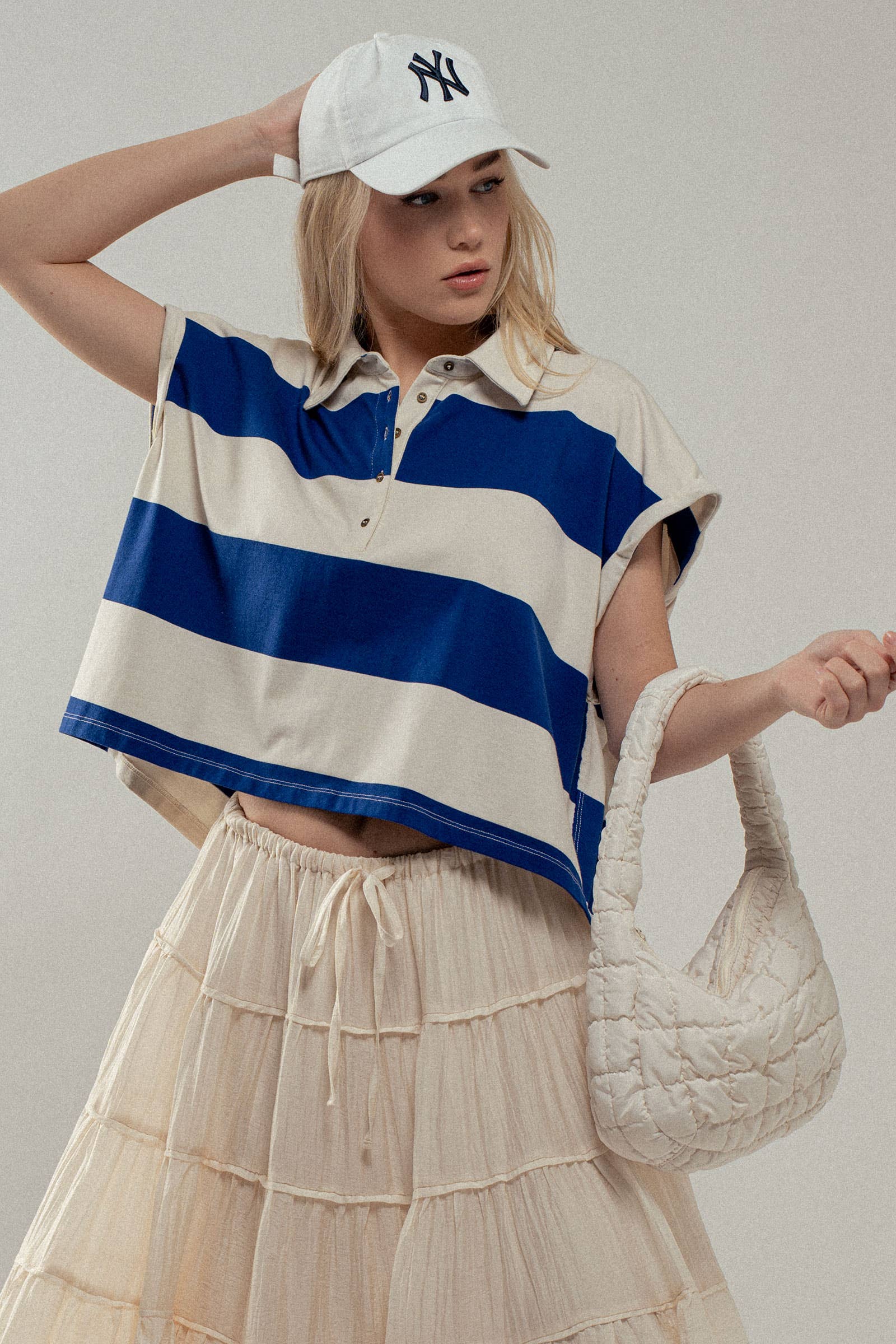 Urban Daizy Bold Striped Dolman Sleeve Polo Shirt Ivory Black Polo - Women's (UDZ-TP-00660) – alternate view 9