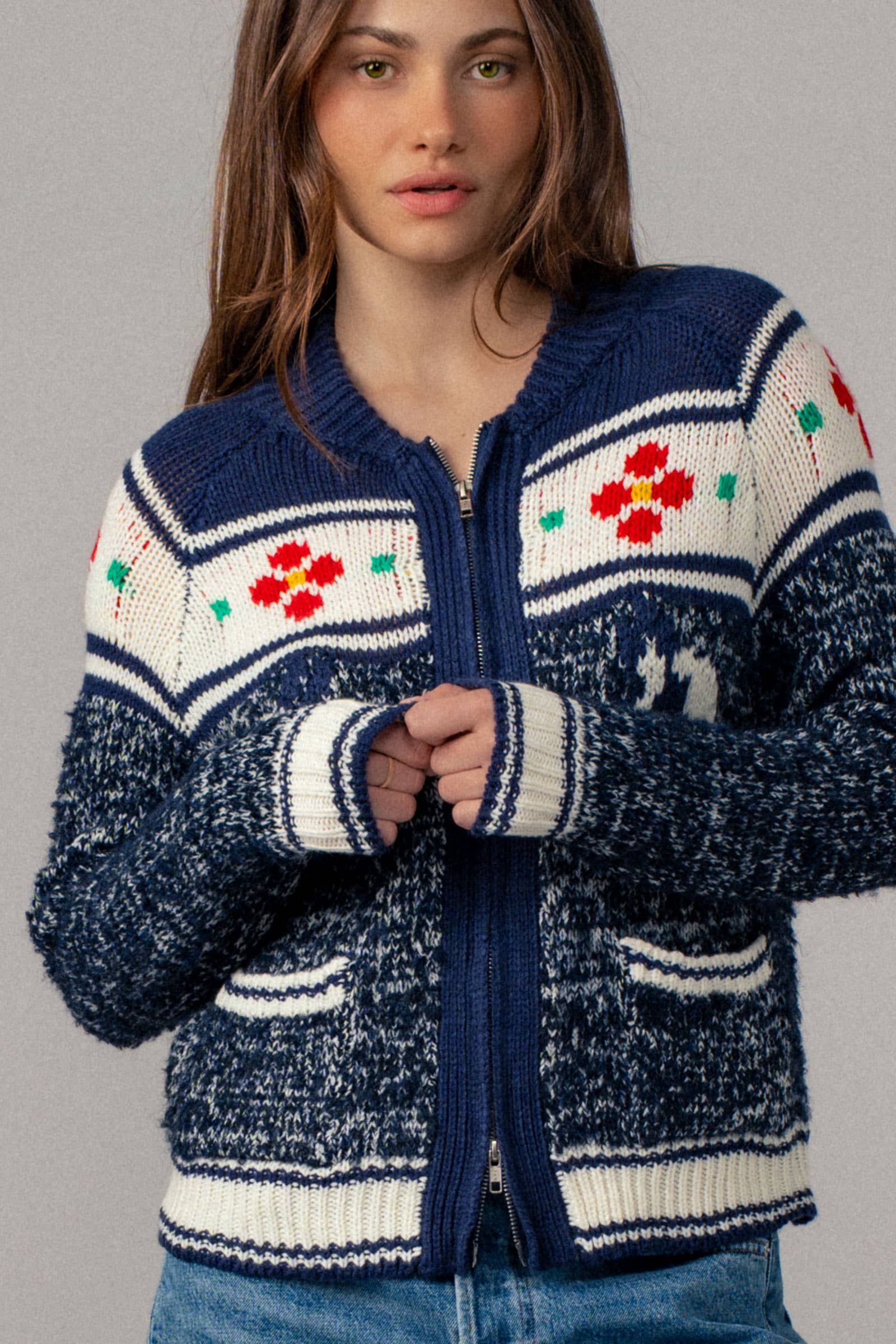 Urban Daizy Floral Yoke Zip-Up Knit Cardigan Navy-Multi Cardigan - Women's (UDZ-TP-00814) – alternate view 3