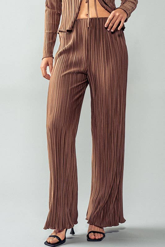 Urban Daizy Shimmer Pleated Wide Leg Elastic Waist Pants Brown Pants - Women's (UDZ-PT-00231) – alternate view 4