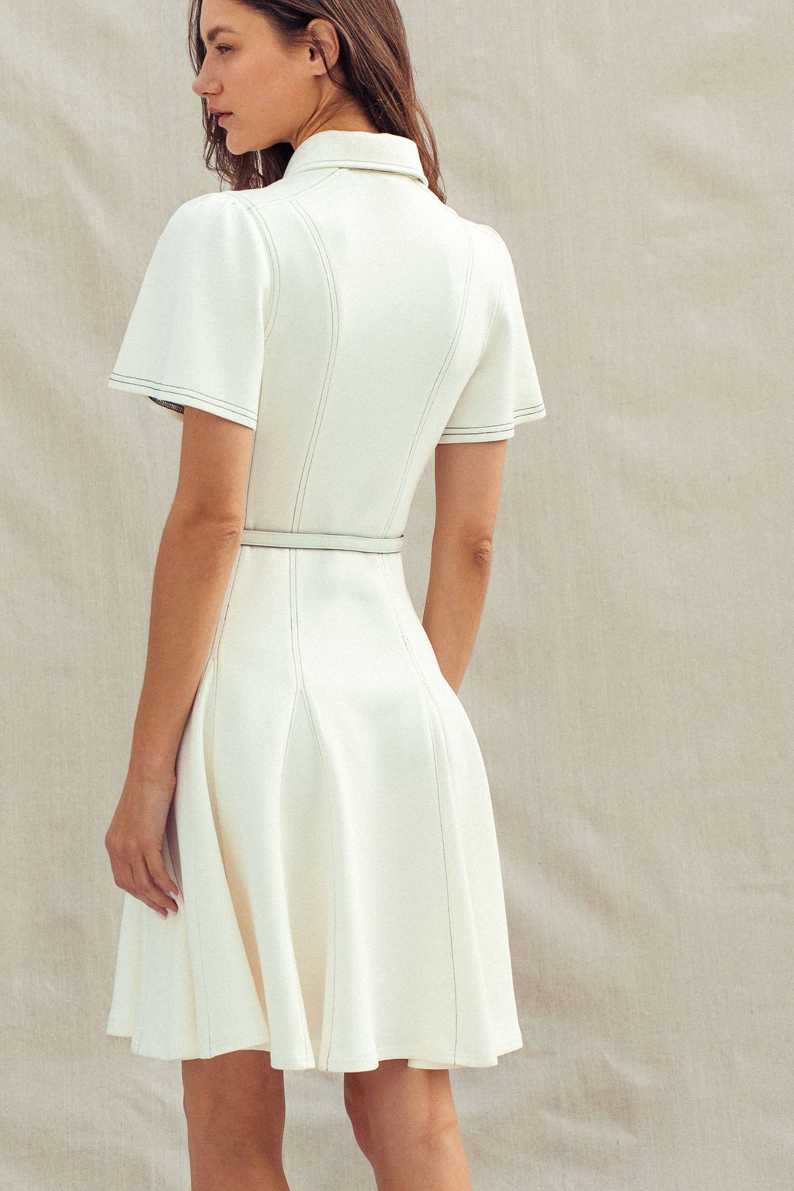 Urban Daizy Contrast Stitch Zip Front Knit Mini Dress Belted Ivory Dress - Women's (UDZ-DR-00530) – alternate view 4