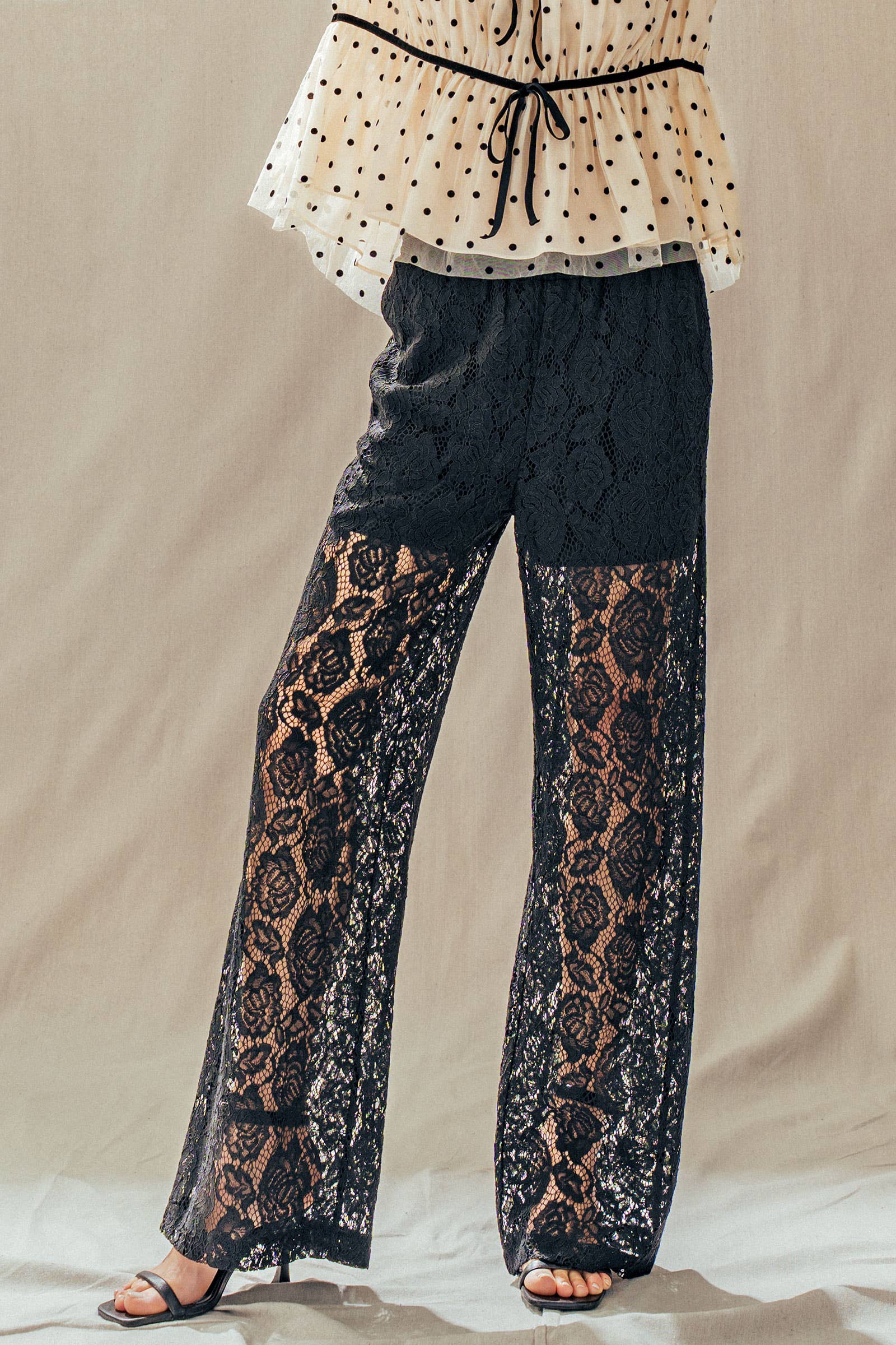 Urban Daizy Floral Lace Wide-Leg Drawstring Pants Black Pants - Women's (UDPT0083-Black)