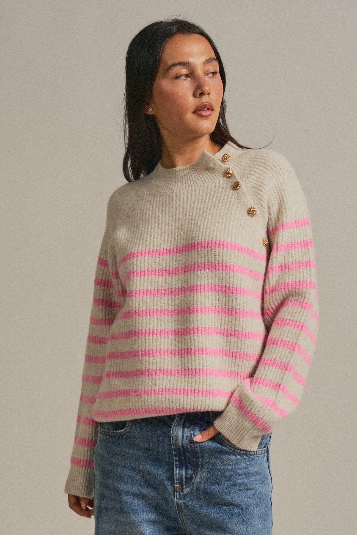 Striped Mock Neck Sweater with Gold Button Shoulder in PINK BEIGE - Women's Sweaters | Urban Daizy
