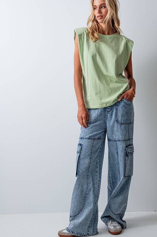 Urban Daizy Padded Shoulder Sleeveless Cotton Muscle Tee Mint T-Shirt - Women's (UDZ-TP-00589) – alternate view 6