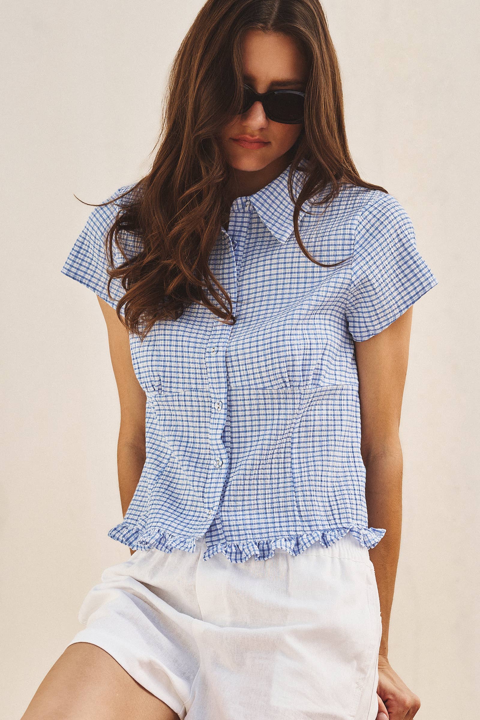 Crinkle Gingham Short Sleeve Peplum Blouse
