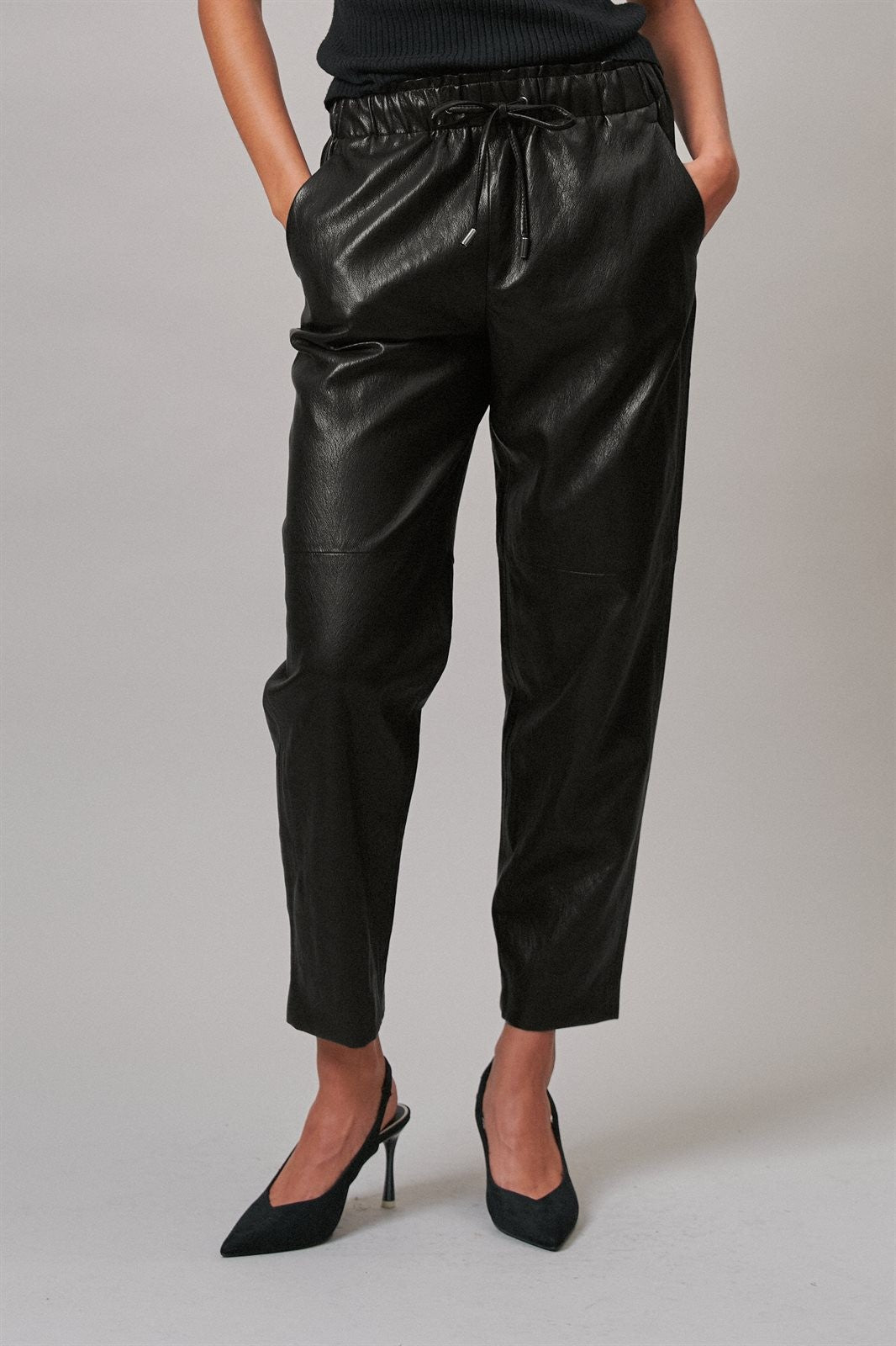Faux Leather Drawstring Jogger Pants in BLACK - Women's Casual Pants | Urban Daizy