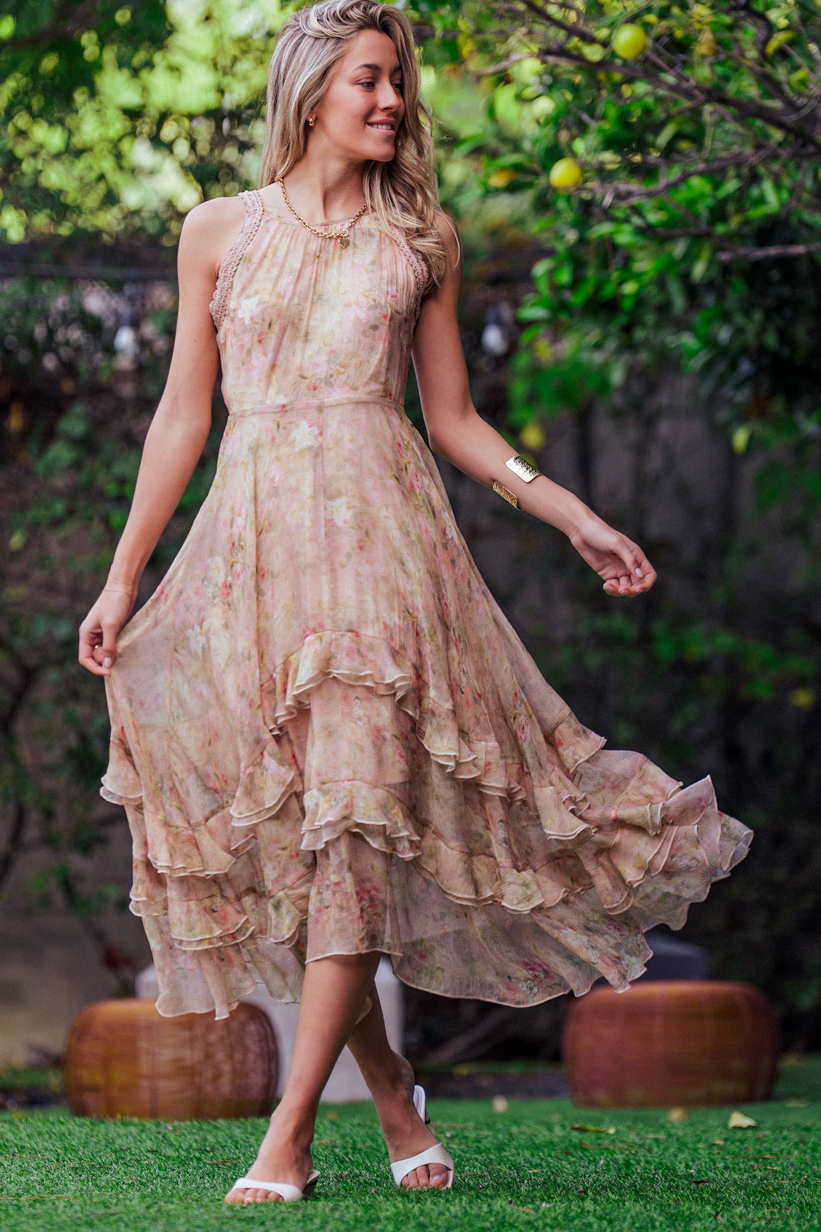 Floral Waterfall Ruffle Midi Dress Crochet Trim