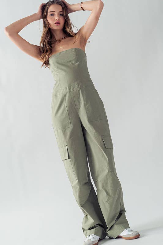 Urban Daizy Strapless Wide Leg Cargo Pocket Artisanal Jumpsuit Moss Jumpsuit - Women's (UDZ-JR-00002) – alternate view 8