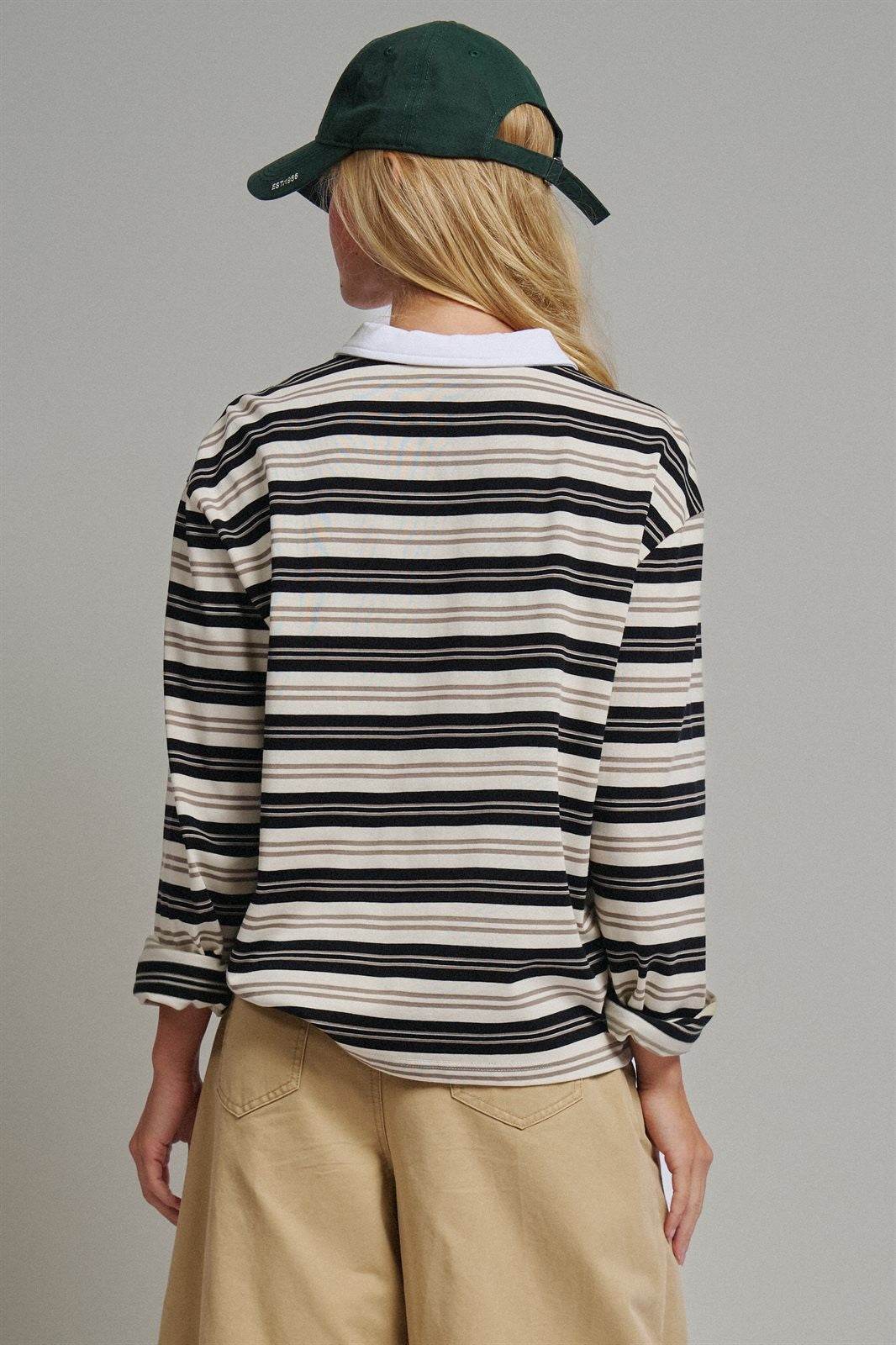 Striped Rugby Polo Long Sleeve Knit Top with Contrast Collar in IVORY BLACK - Women's T-Shirts & Polos | Urban Daizy