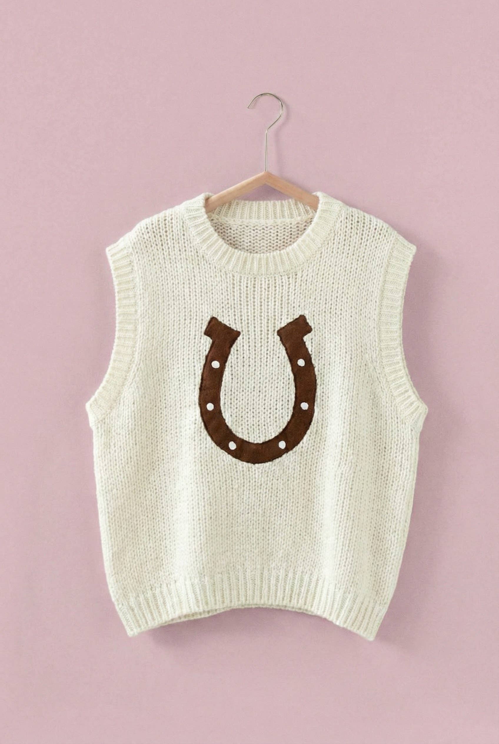 Western Horseshoe Crochet Knit Ribbed Trim Sweater Vest