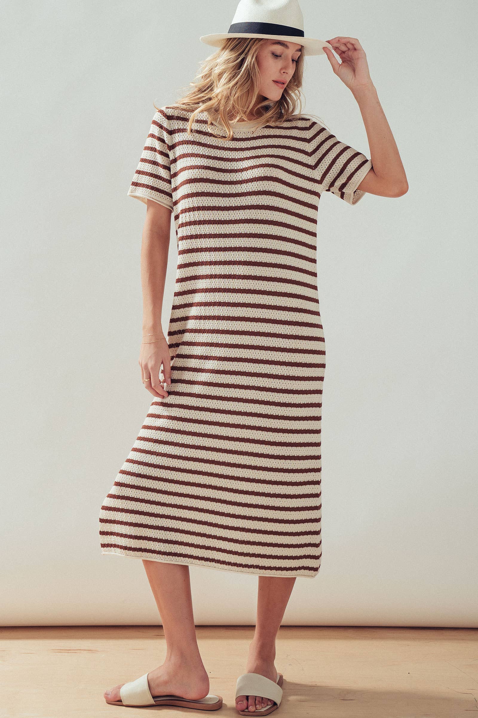 Striped Crochet Knit Short Sleeve Midi Dress